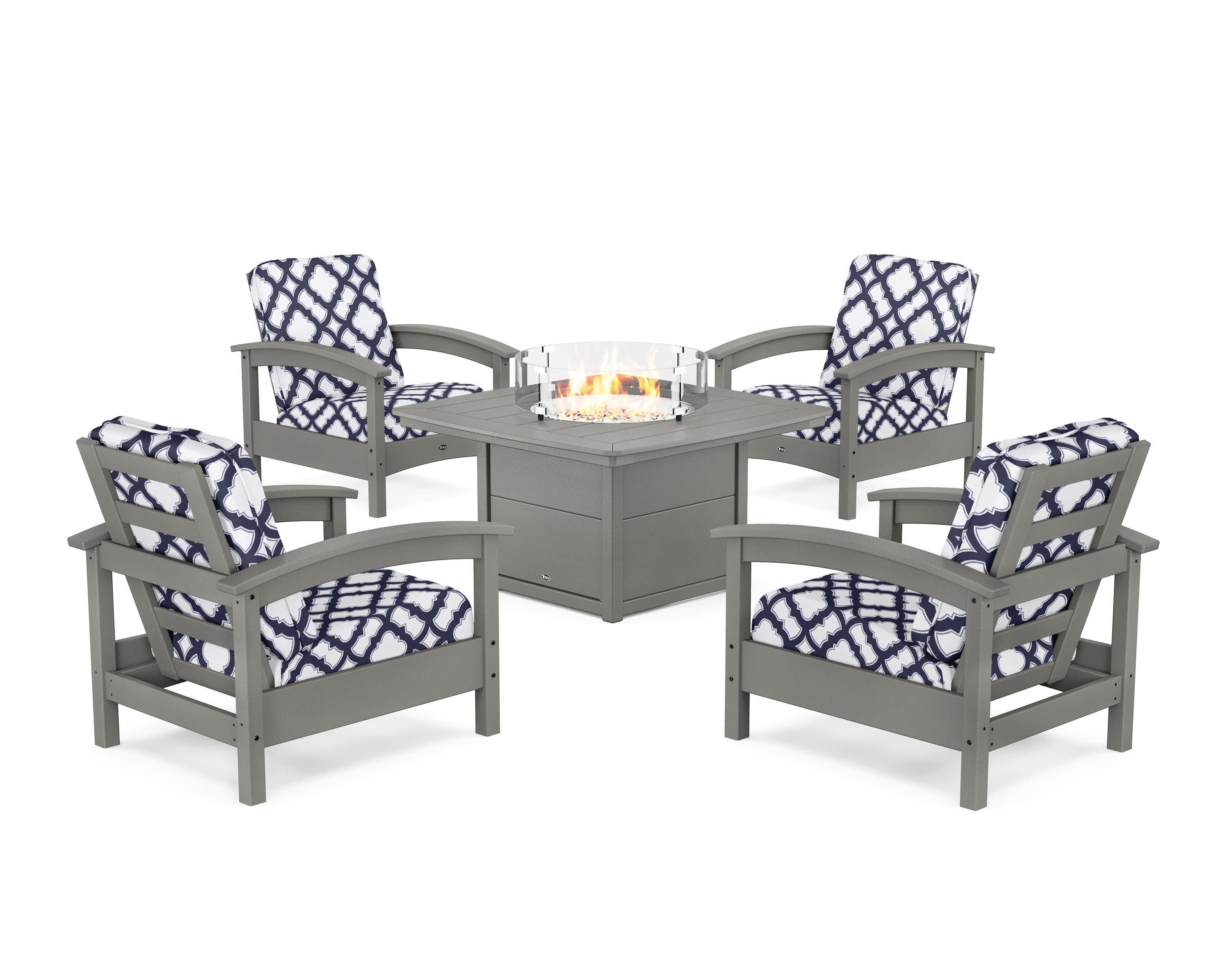 Rockport 5-Piece Deep Seating Set with Yacht Club Fire Pit Table in Stepping Stone / Trellis Navy