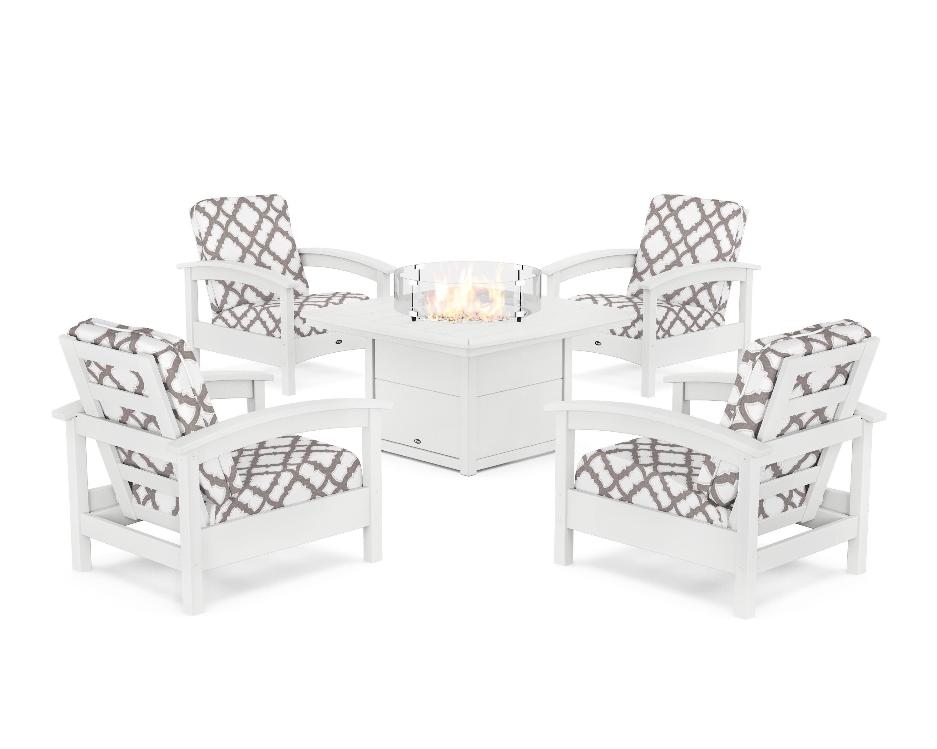 Rockport 5-Piece Deep Seating Set with Yacht Club Fire Pit Table in Classic White / Trellis Grey Mist