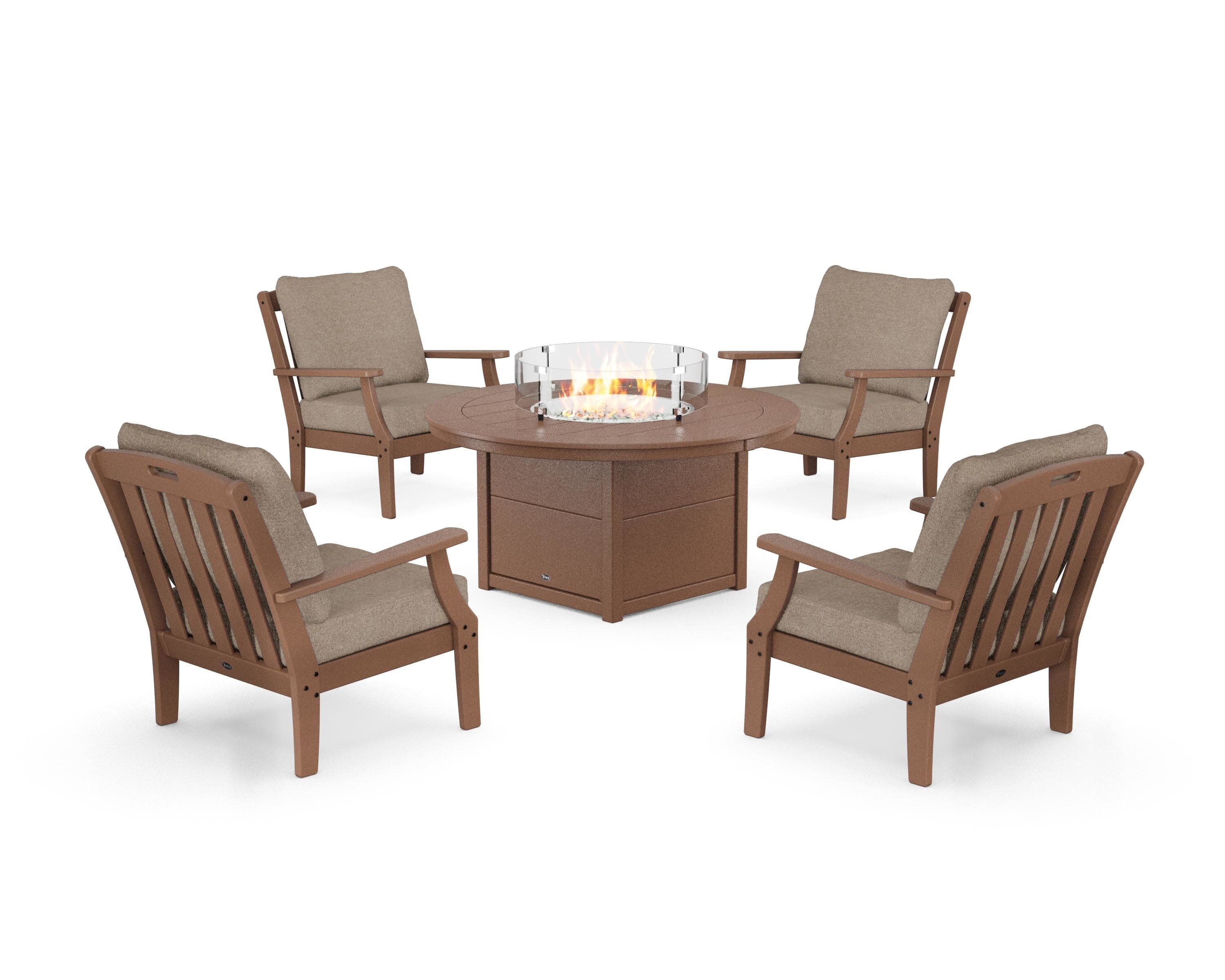 Yacht Club 5-Piece Deep Seating Set with Round Fire Pit Table in Tree House / Spiced Burlap