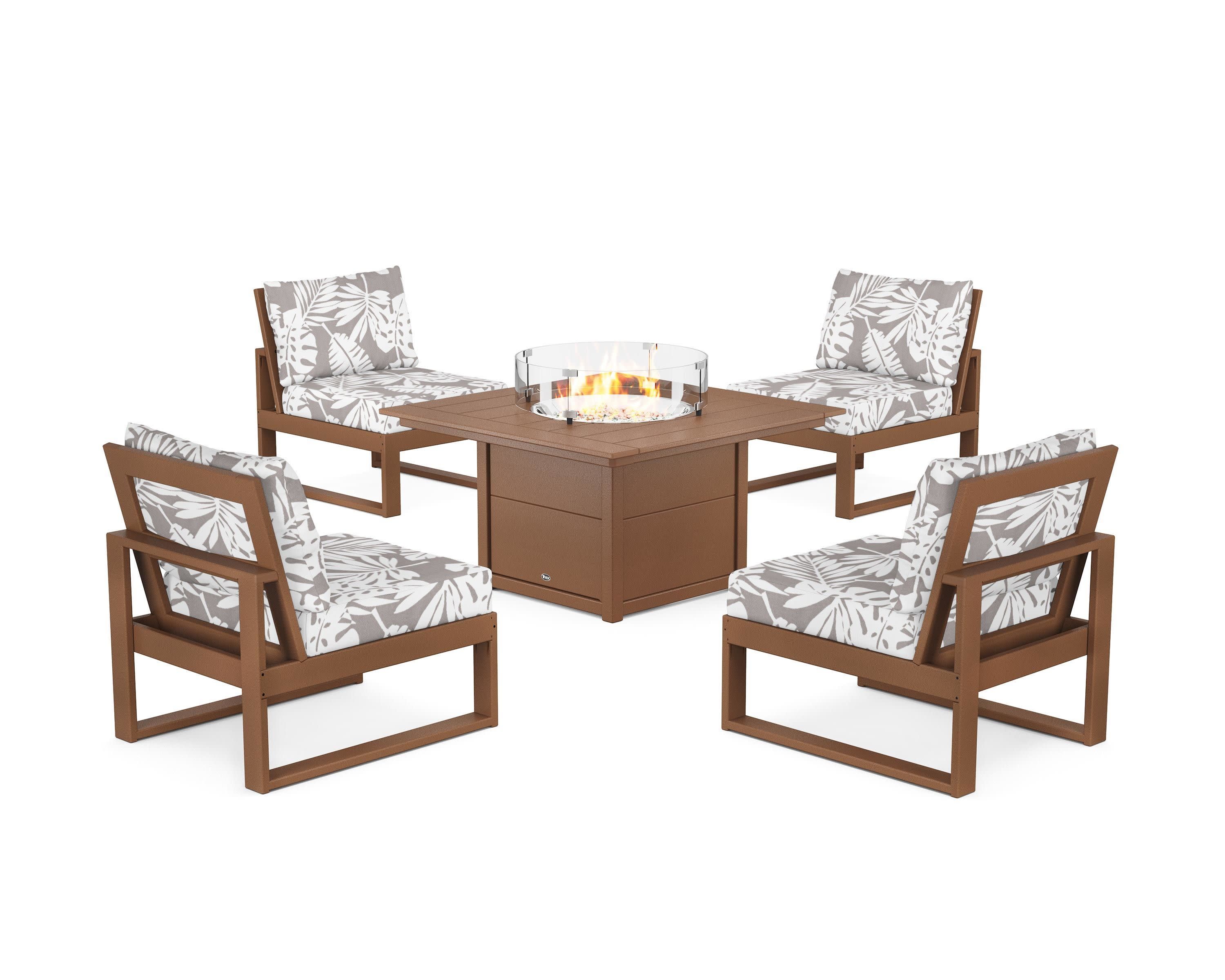 Eastport Modular 5-Piece Deep Seating Set with Square Fire Pit Table in Tree House / Leaf Grey Mist