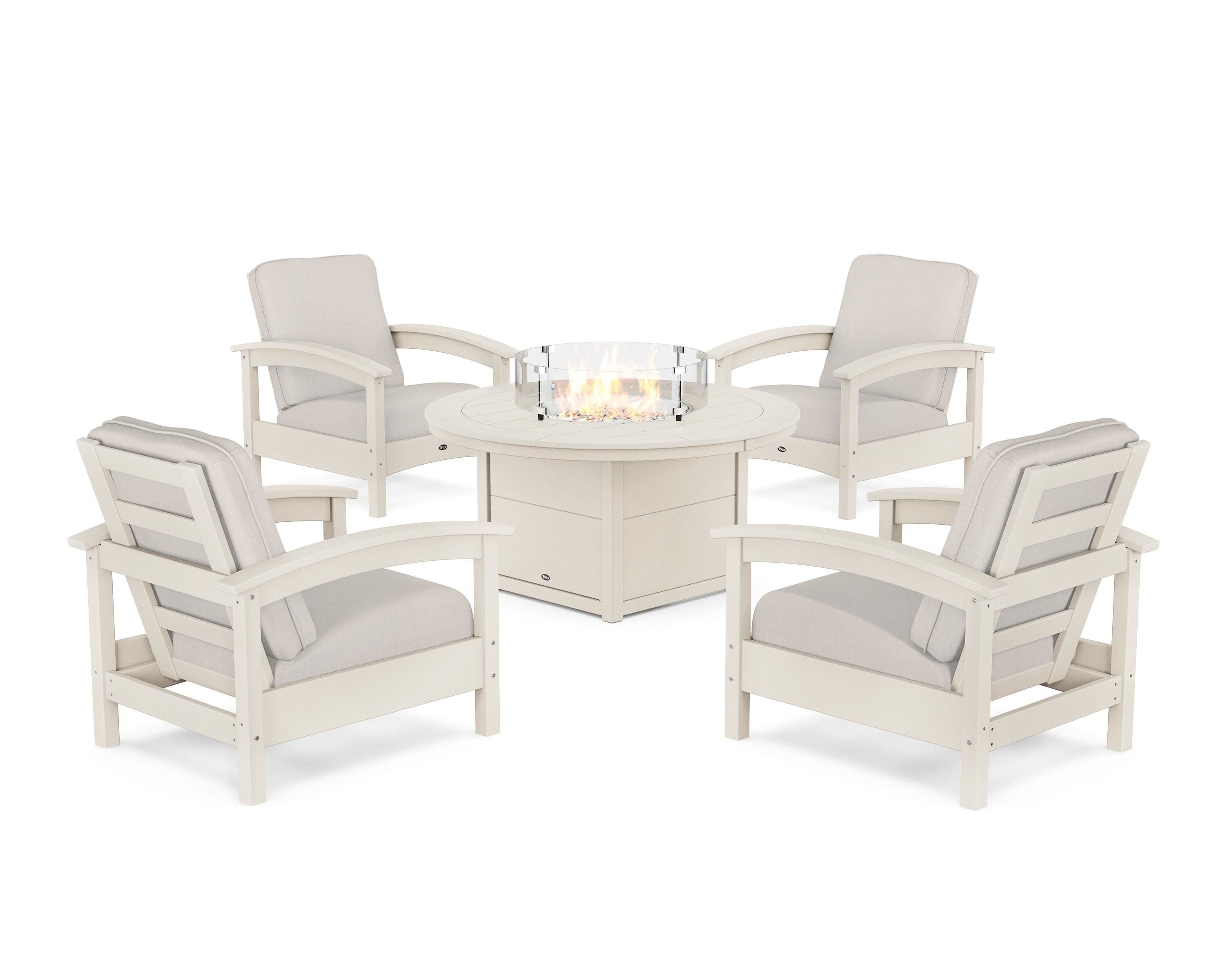Rockport 5-Piece Deep Seating Set with Round Fire Pit Table in Sand Castle / Cast Ash