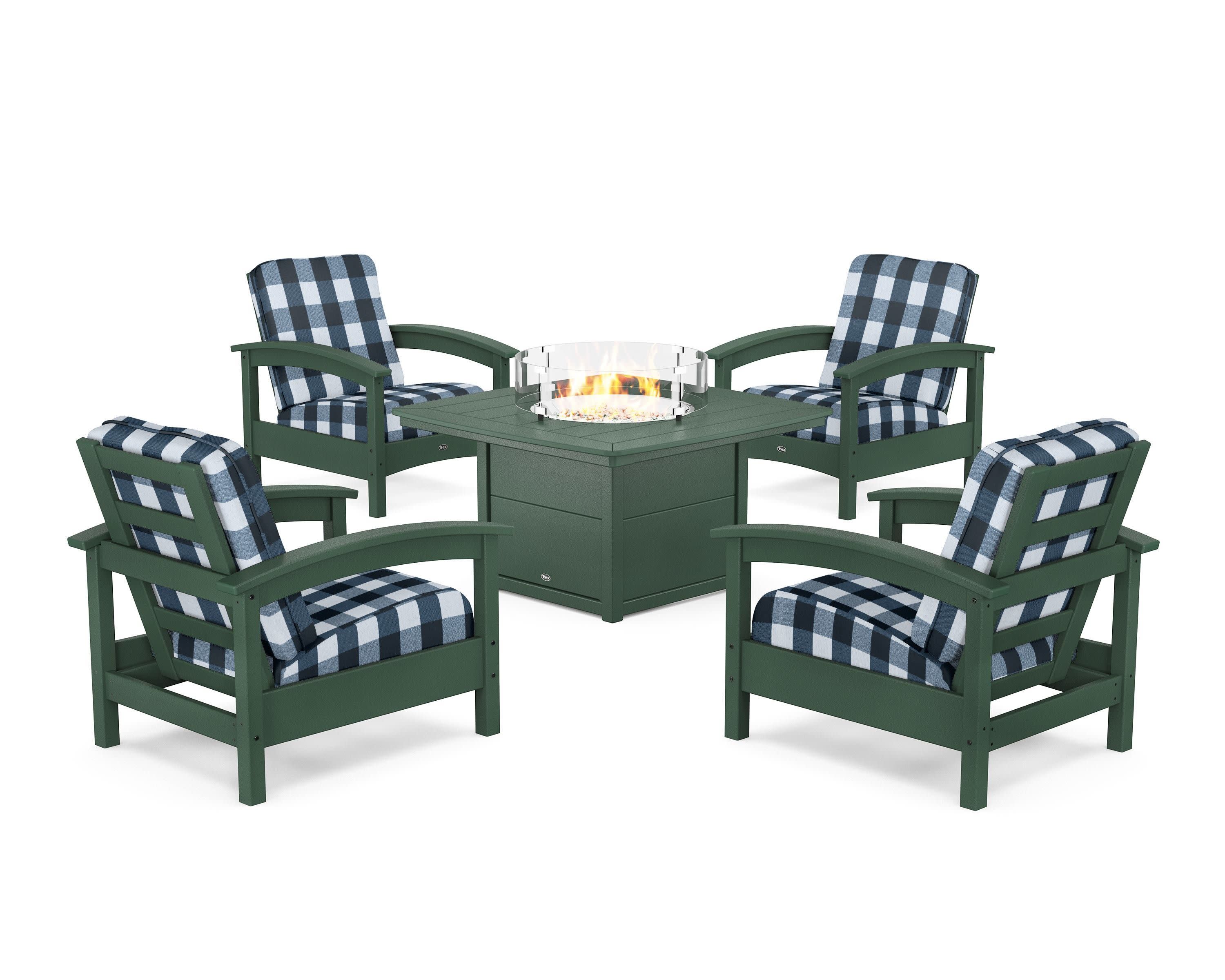 Rockport 5-Piece Deep Seating Set with Yacht Club Fire Pit Table in Rainforest Canopy / Buffalo Plaid Marine Indigo