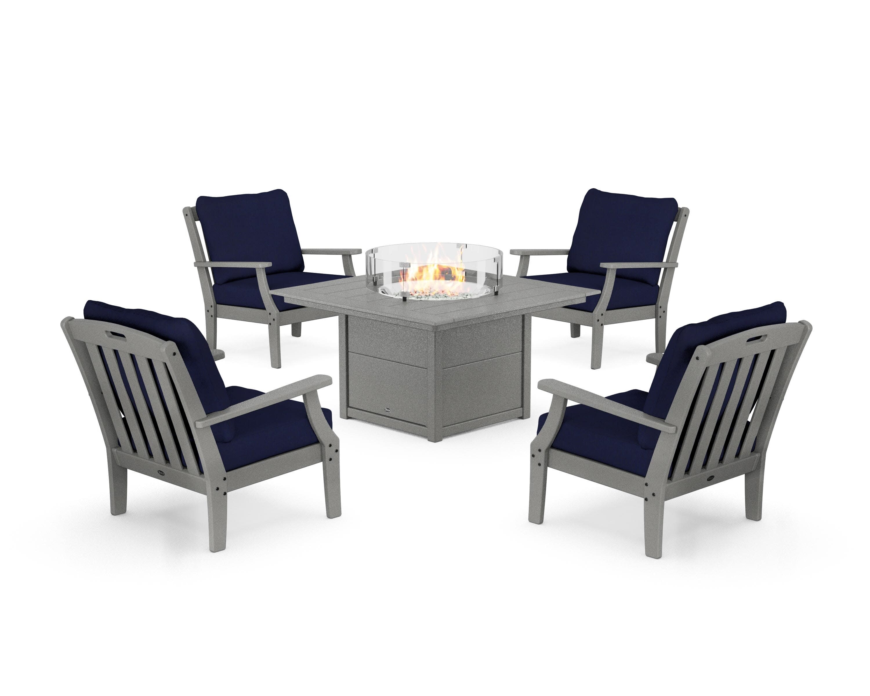 Yacht Club 5-Piece Deep Seating Set with Square Fire Pit Table in Stepping Stone / Navy