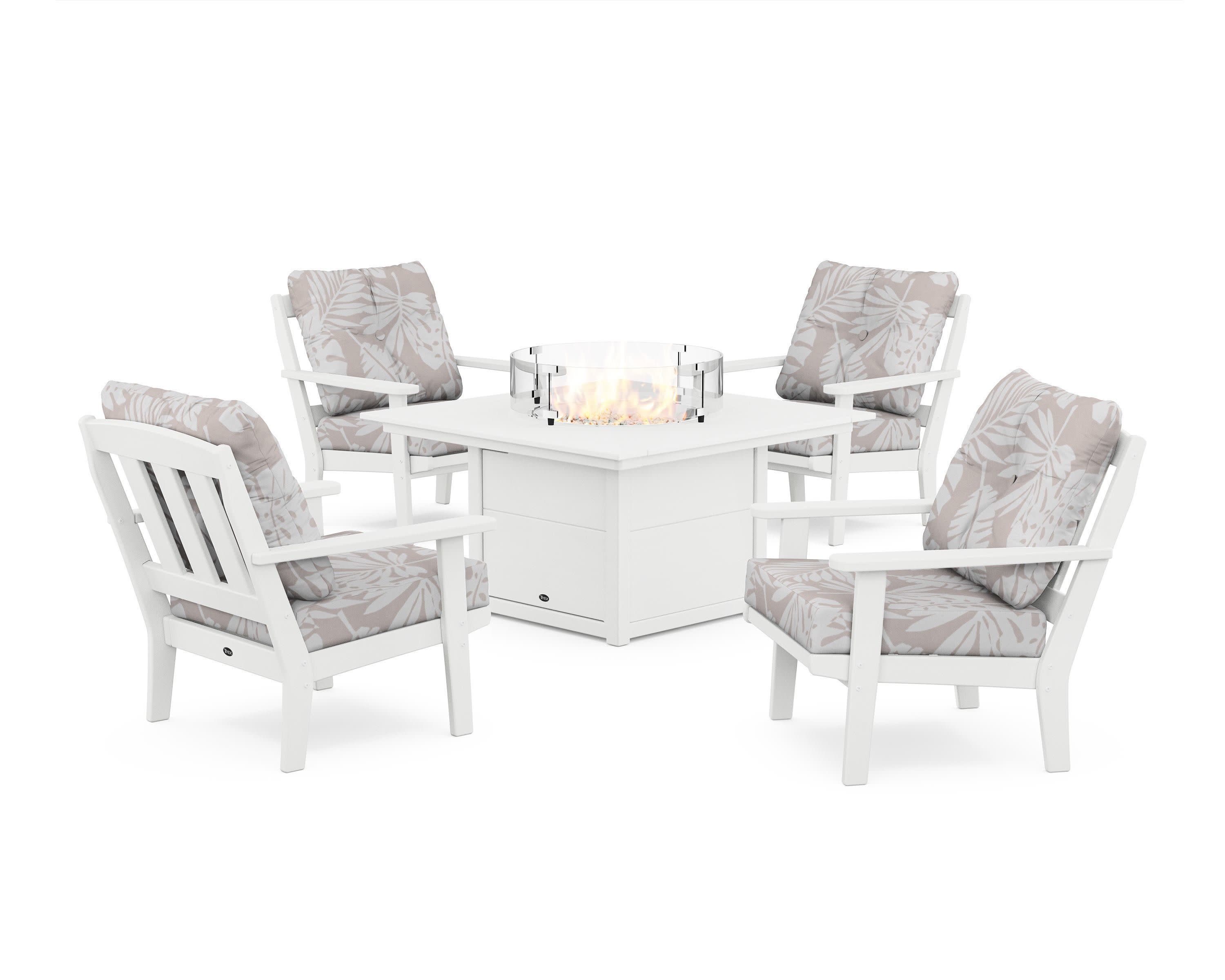 Cape Cod 5-Piece Deep Seating Set with Fire Pit Table in Classic White / Leaf Dune Burlap