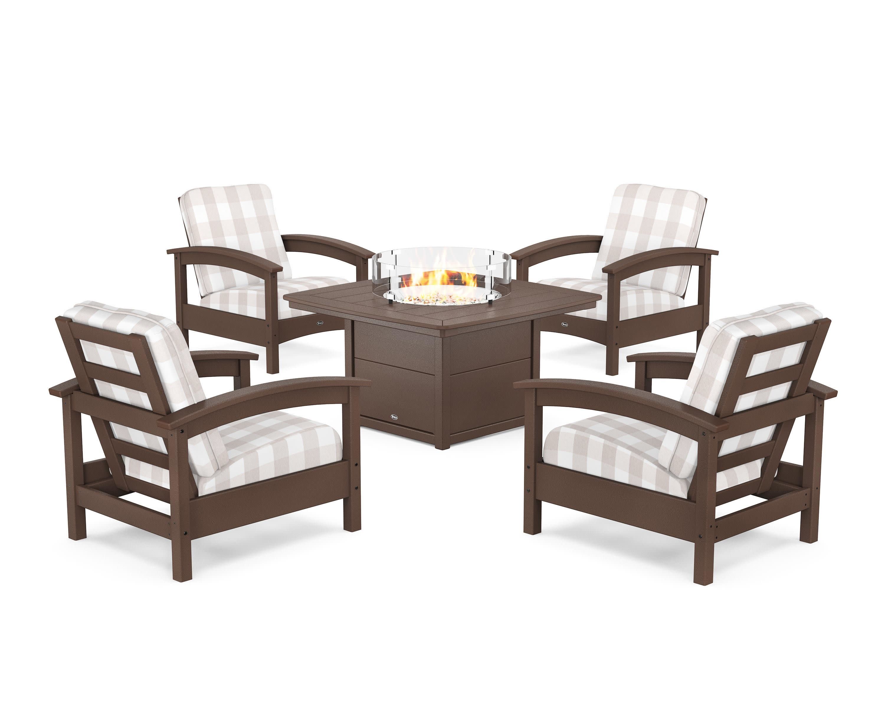 Rockport 5-Piece Deep Seating Set with Yacht Club Fire Pit Table in Vintage Lantern / Buffalo Plaid Dune Burlap