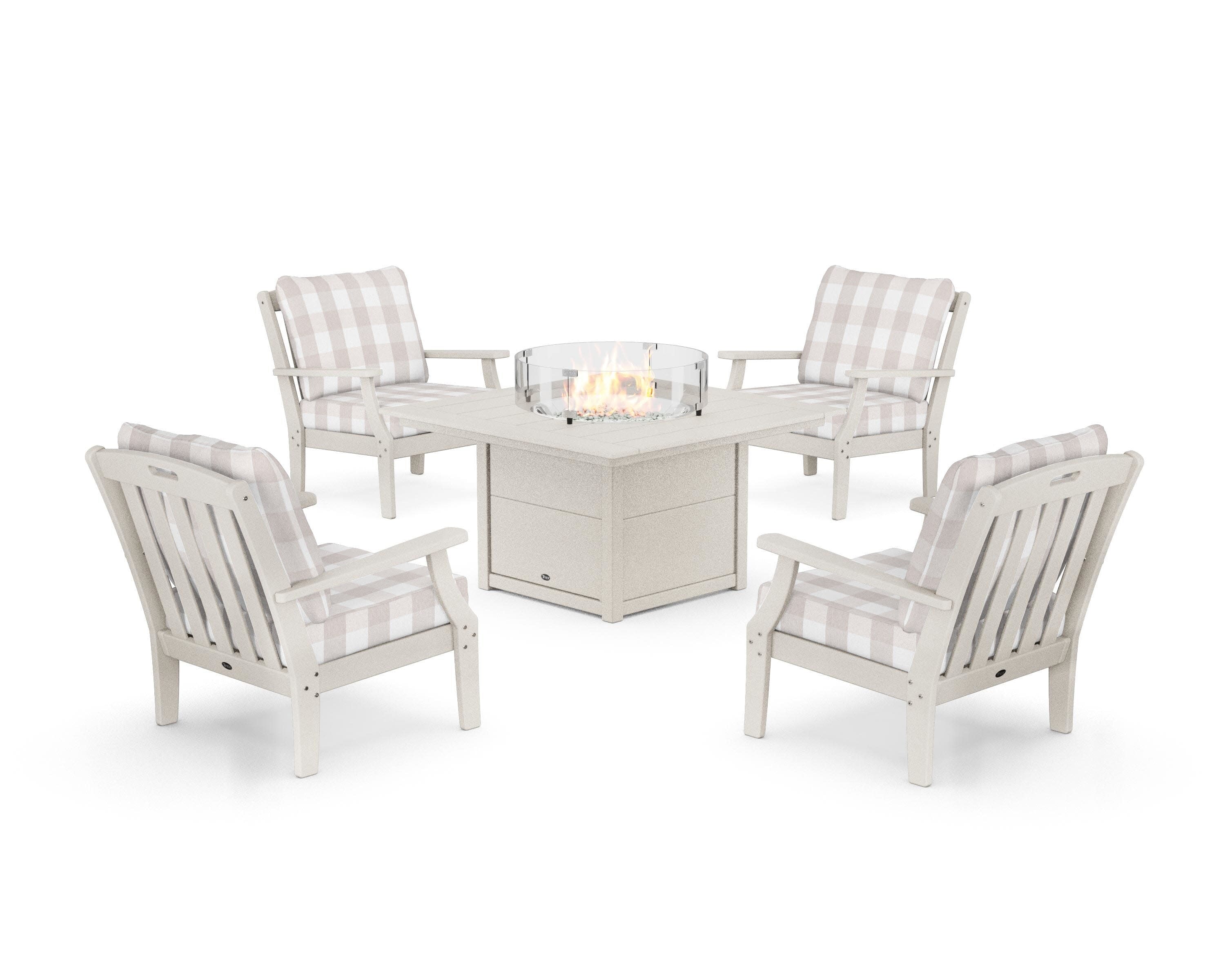 Yacht Club 5-Piece Deep Seating Set with Square Fire Pit Table in Sand Castle / Buffalo Plaid Dune Burlap