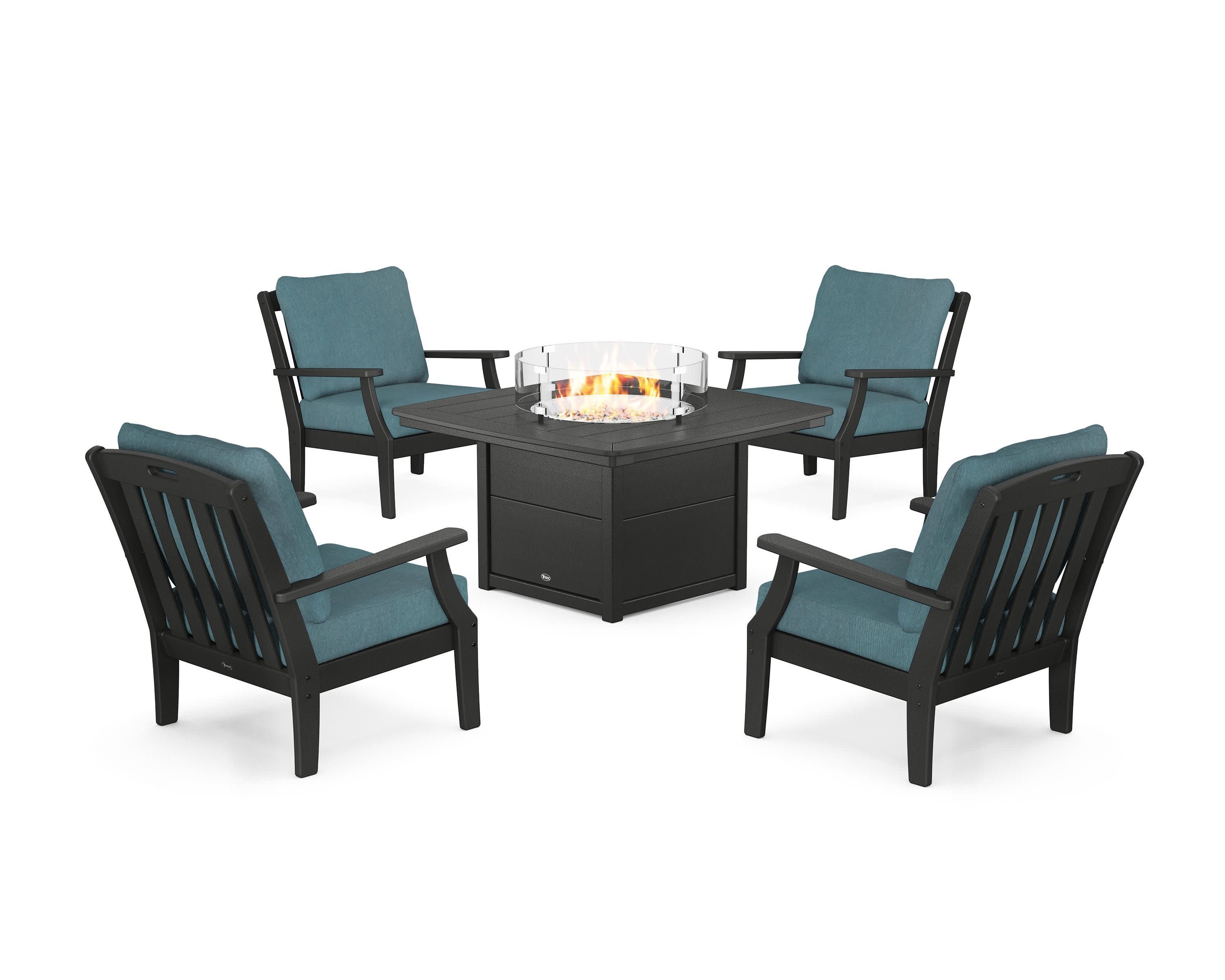 Yacht Club 5-Piece Deep Seating Set with Fire Pit Table in Charcoal Black / Ocean Teal