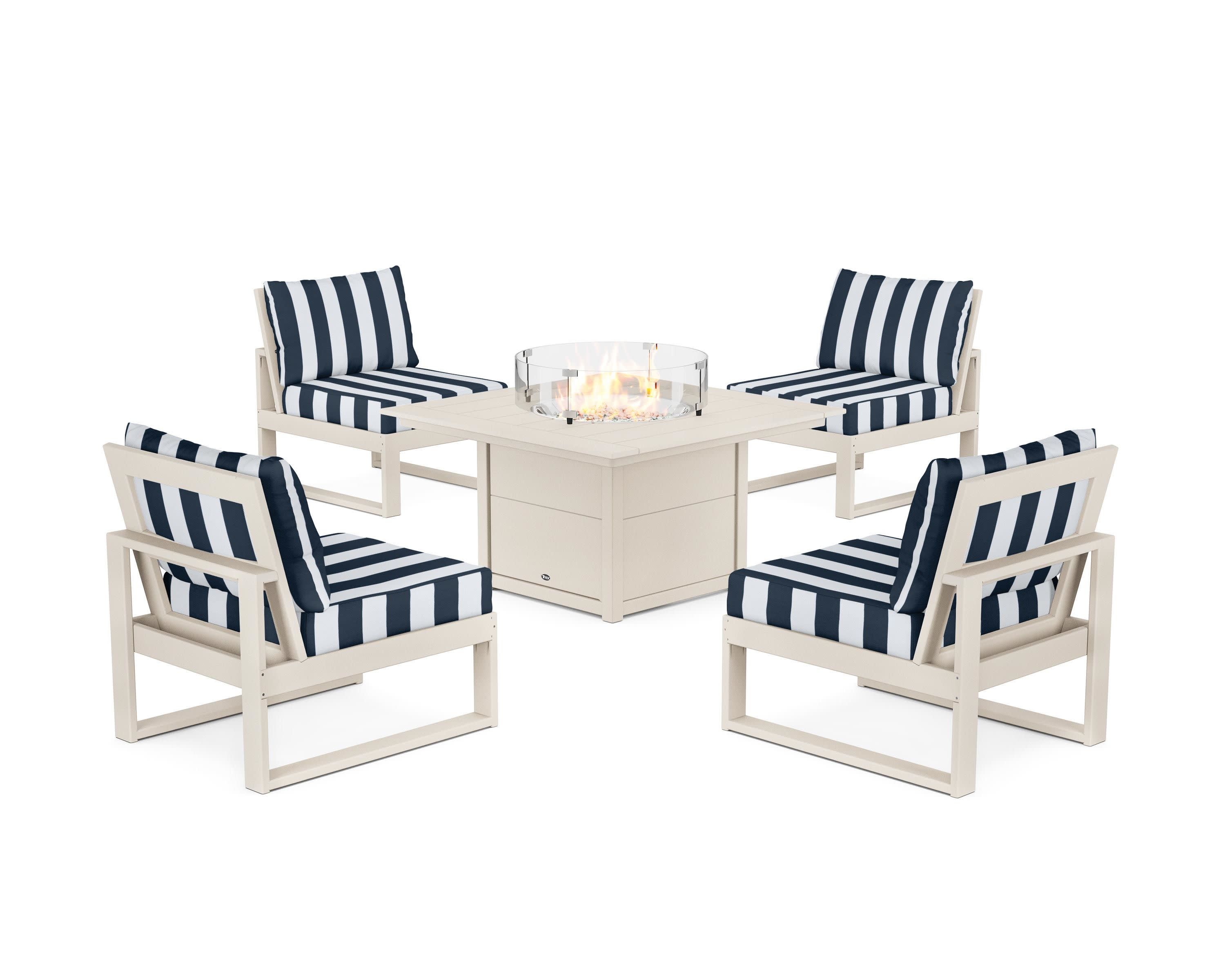Eastport Modular 5-Piece Deep Seating Set with Square Fire Pit Table in Sand Castle / Cabana Stripe Marine Indigo
