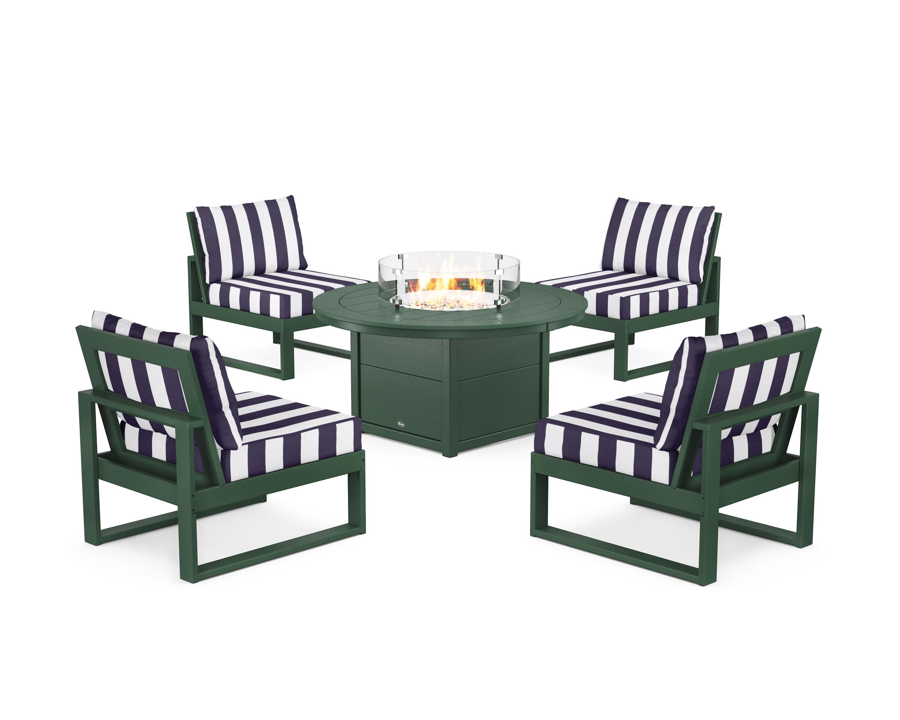 Eastport Modular 5-Piece Deep Seating Set with Round Fire Pit Table in Rainforest Canopy / Cabana Stripe Navy