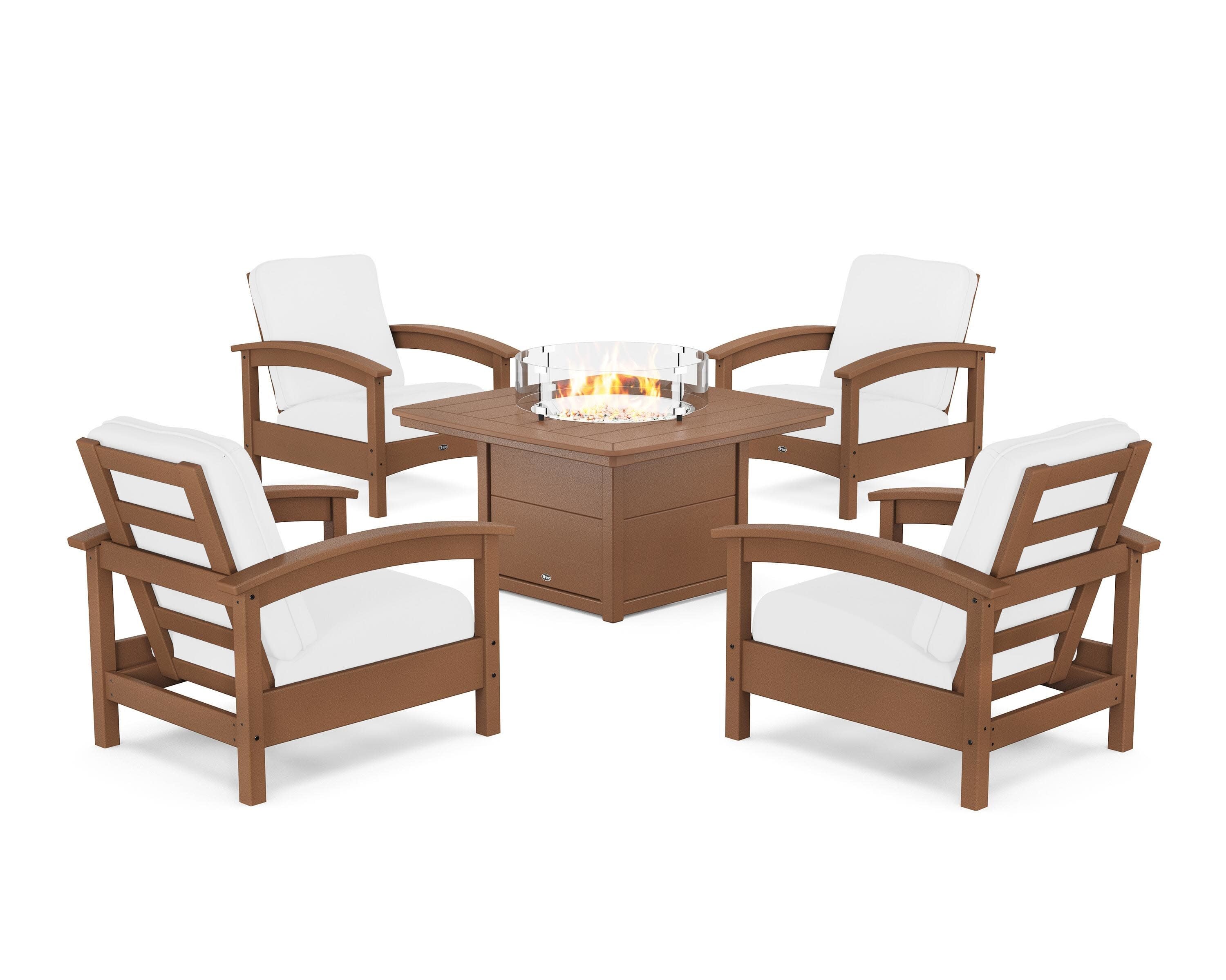 Rockport 5-Piece Deep Seating Set with Yacht Club Fire Pit Table in Tree House / Natural
