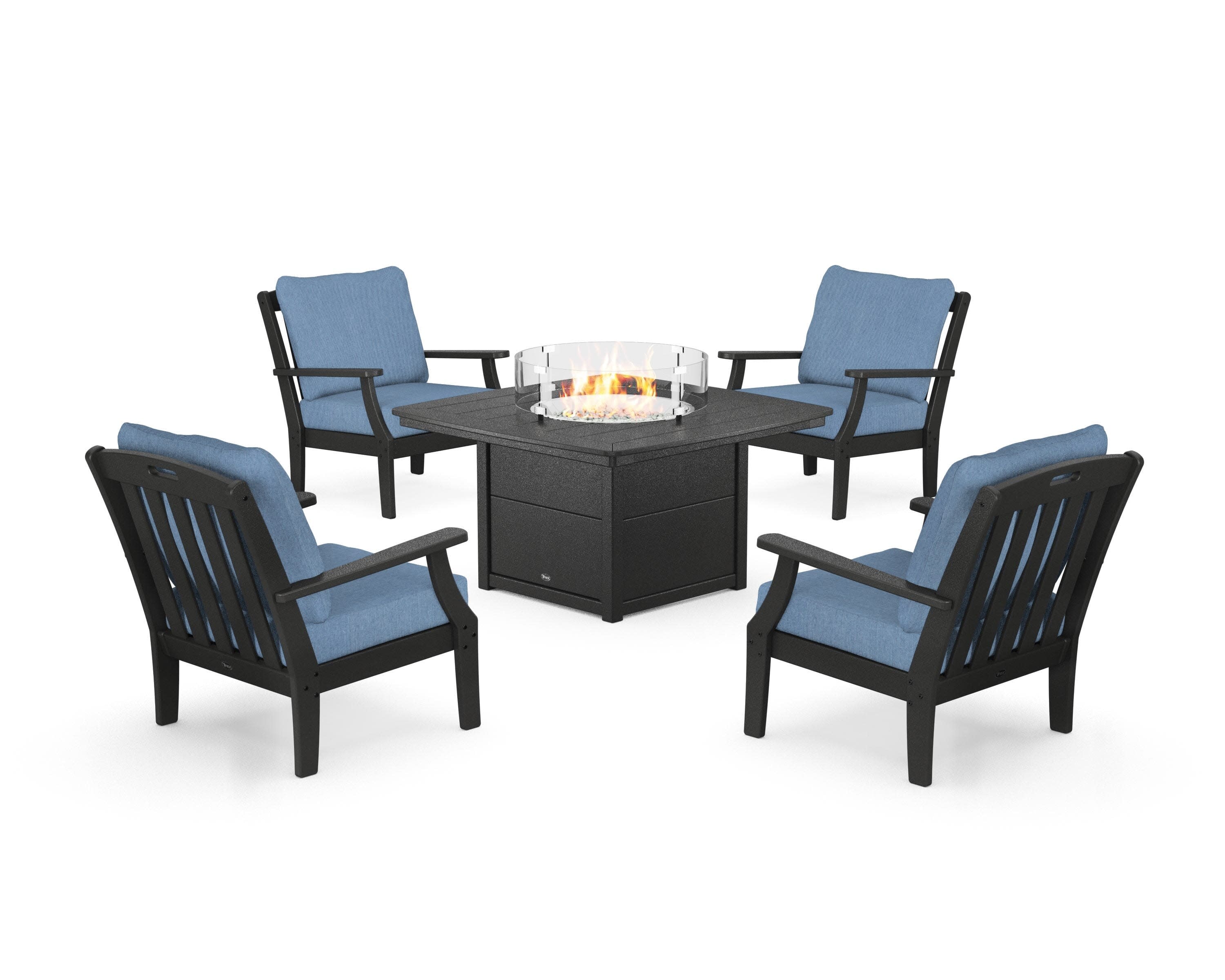 Yacht Club 5-Piece Deep Seating Set with Fire Pit Table in Charcoal Black / Sky Blue