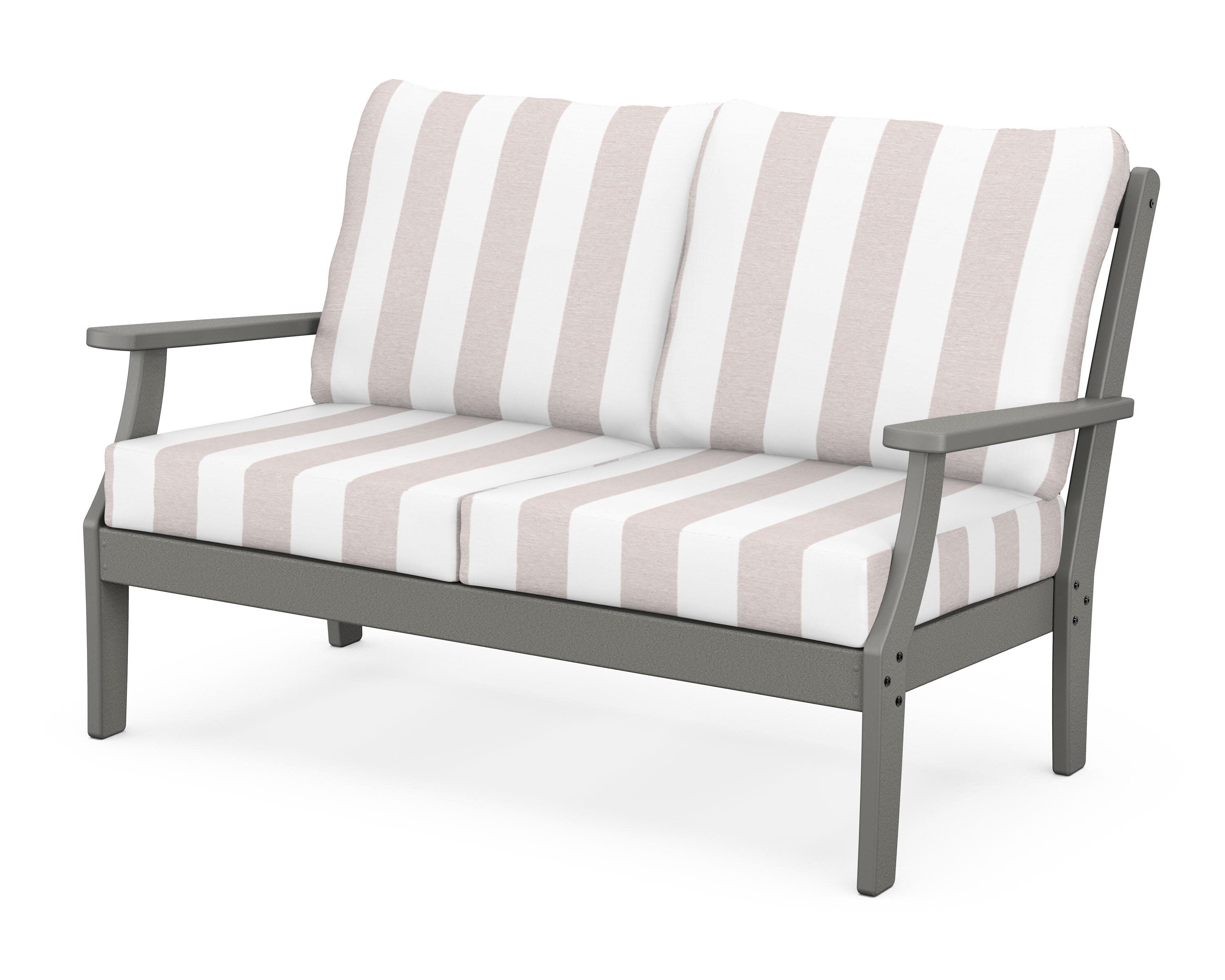 Yacht Club Deep Seating Loveseat in Stepping Stone / Cabana Stripe Dune Burlap