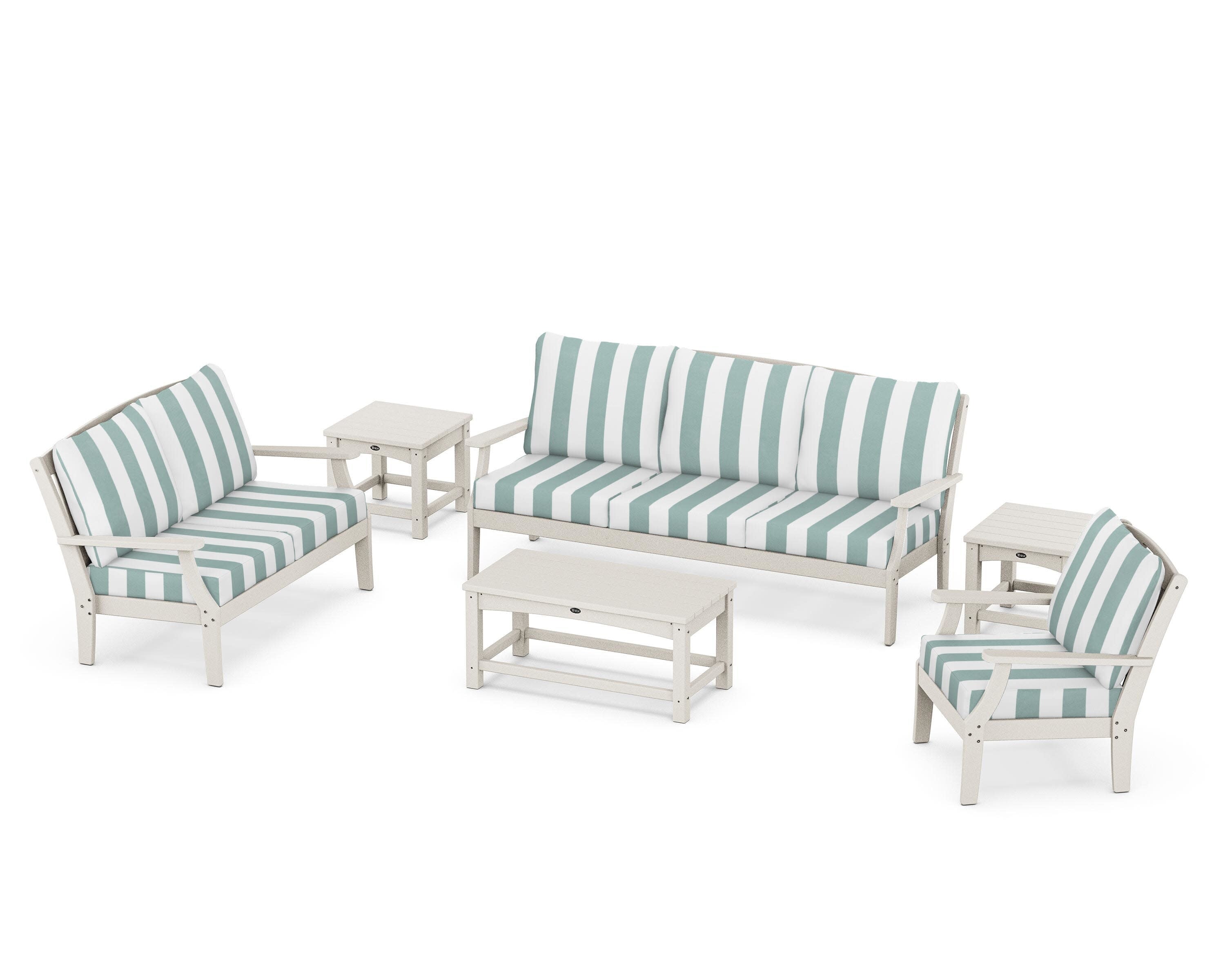 Yacht Club 6-Piece Deep Seating Set in Sand Castle / Cabana Stripe Glacier Spa