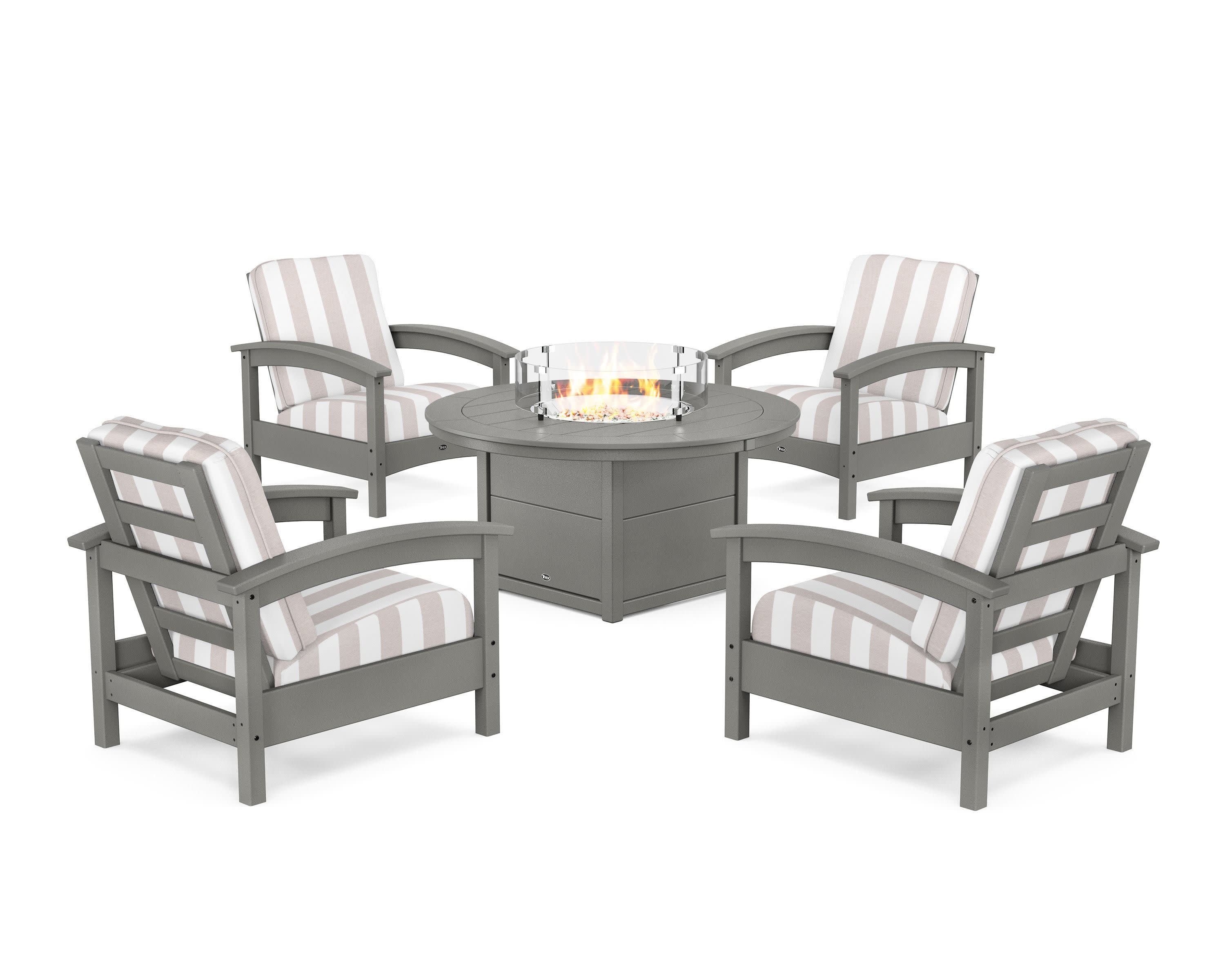 Rockport 5-Piece Deep Seating Set with Round Fire Pit Table in Stepping Stone / Cabana Stripe Dune Burlap