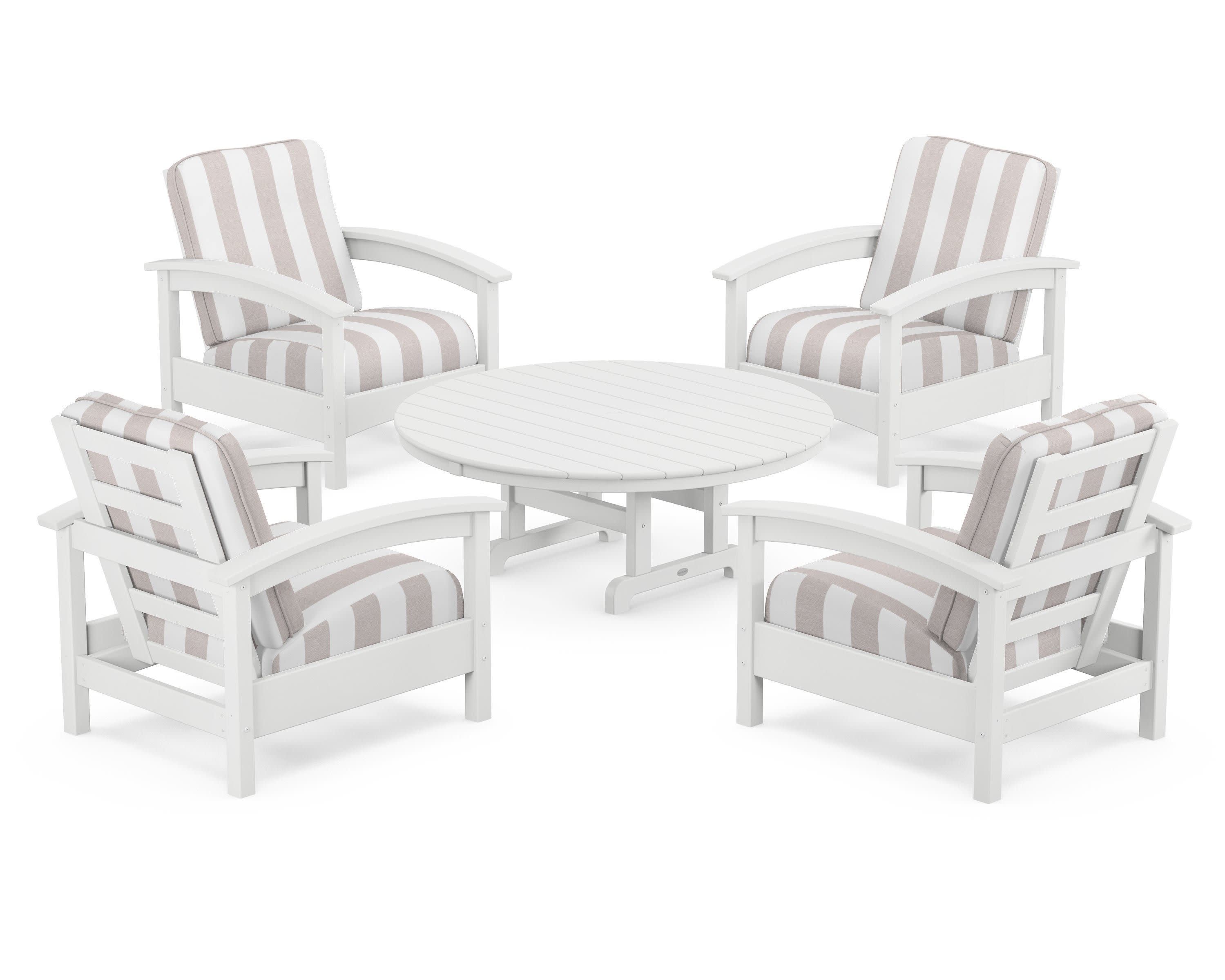 Rockport 5-Piece Deep Seating Set in Classic White / Cabana Stripe Dune Burlap