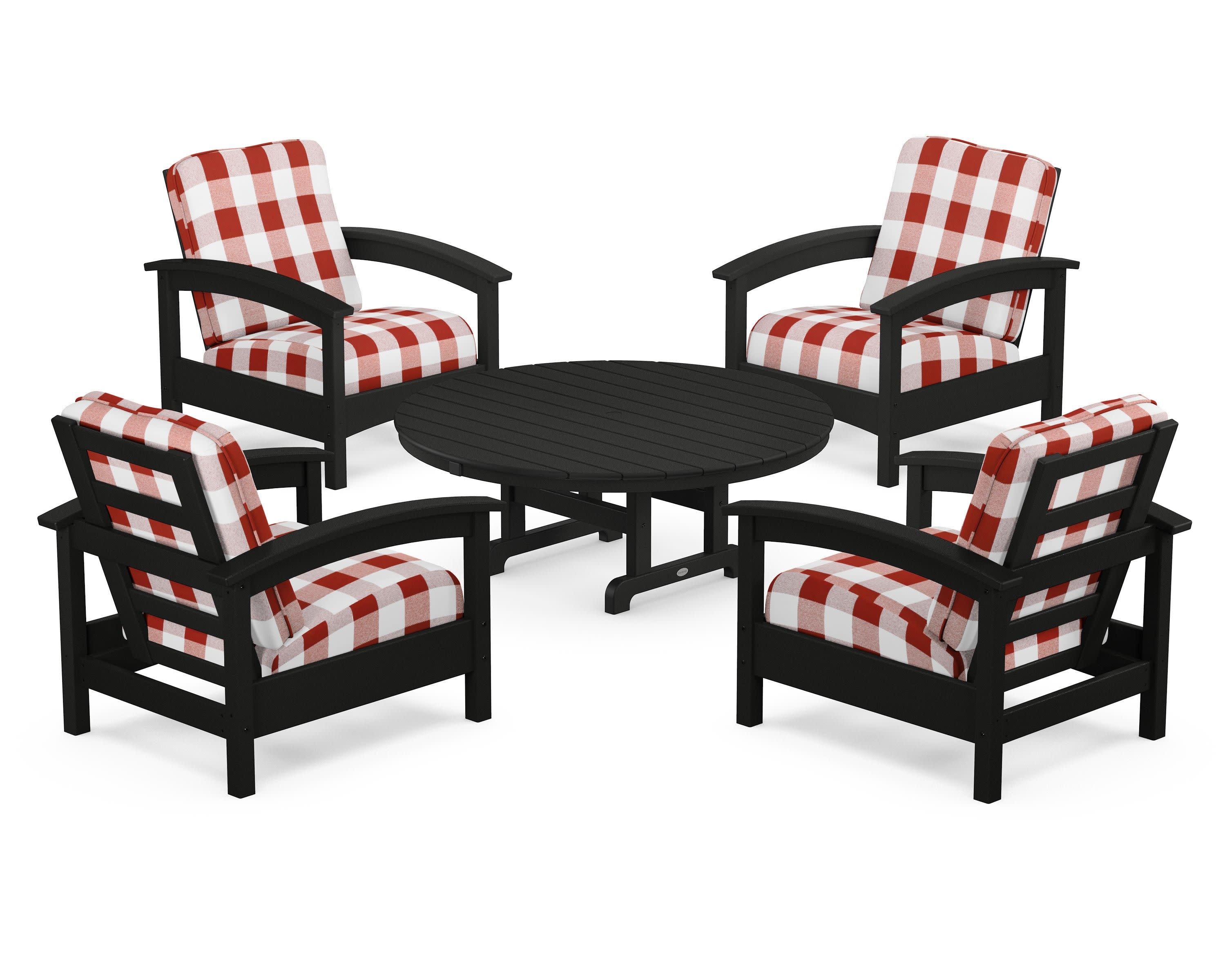 Rockport 5-Piece Deep Seating Set in Charcoal Black / Buffalo Plaid Crimson