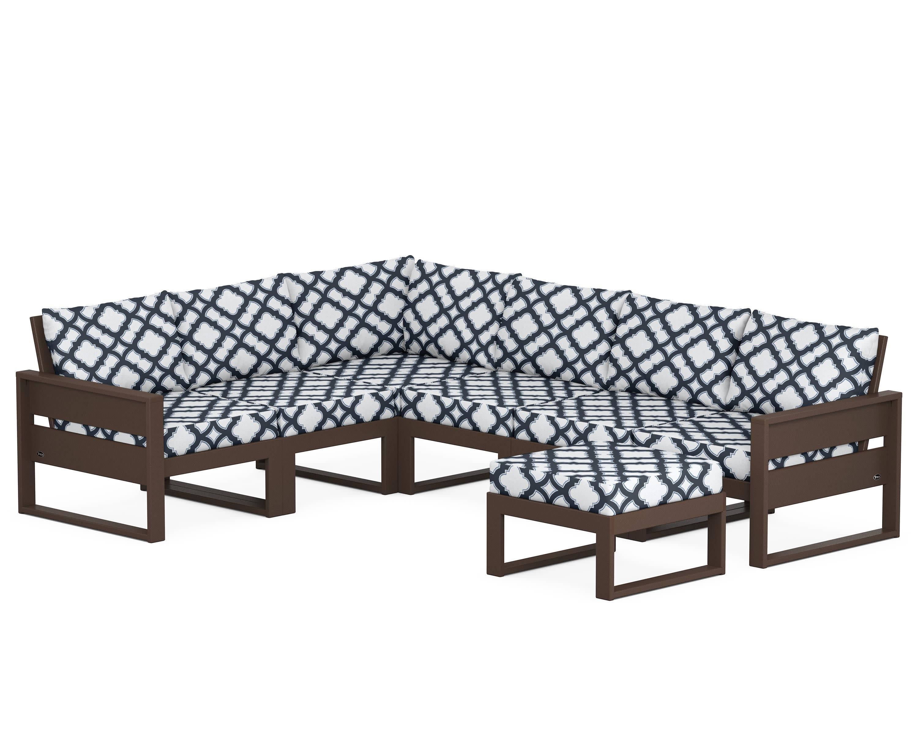 Eastport 6-Piece Sectional with Ottoman in Vintage Lantern / Trellis Marine Indigo