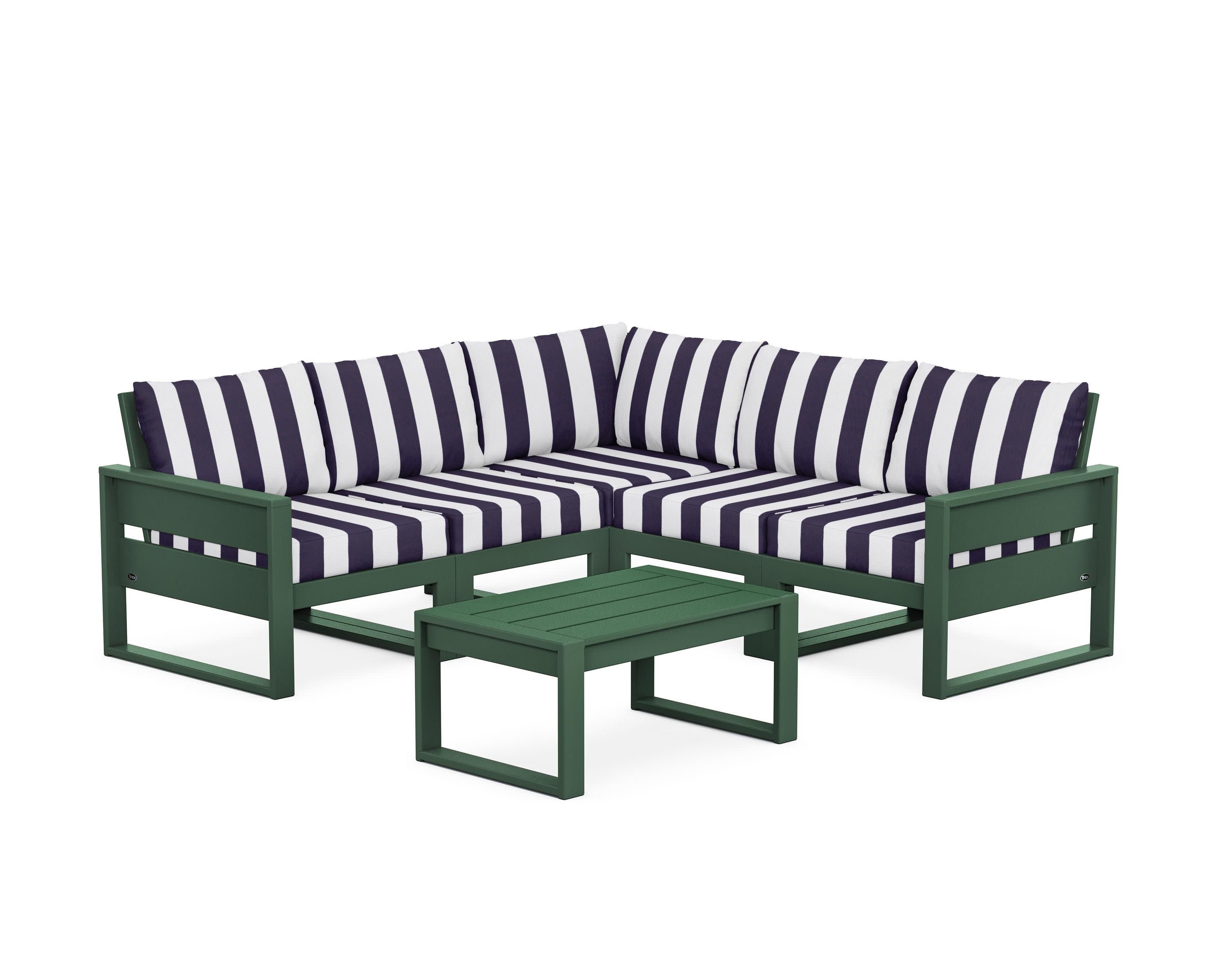Eastport 6-Piece Deep Seating Sectional + Coffee Table Set in Rainforest Canopy / Cabana Stripe Navy