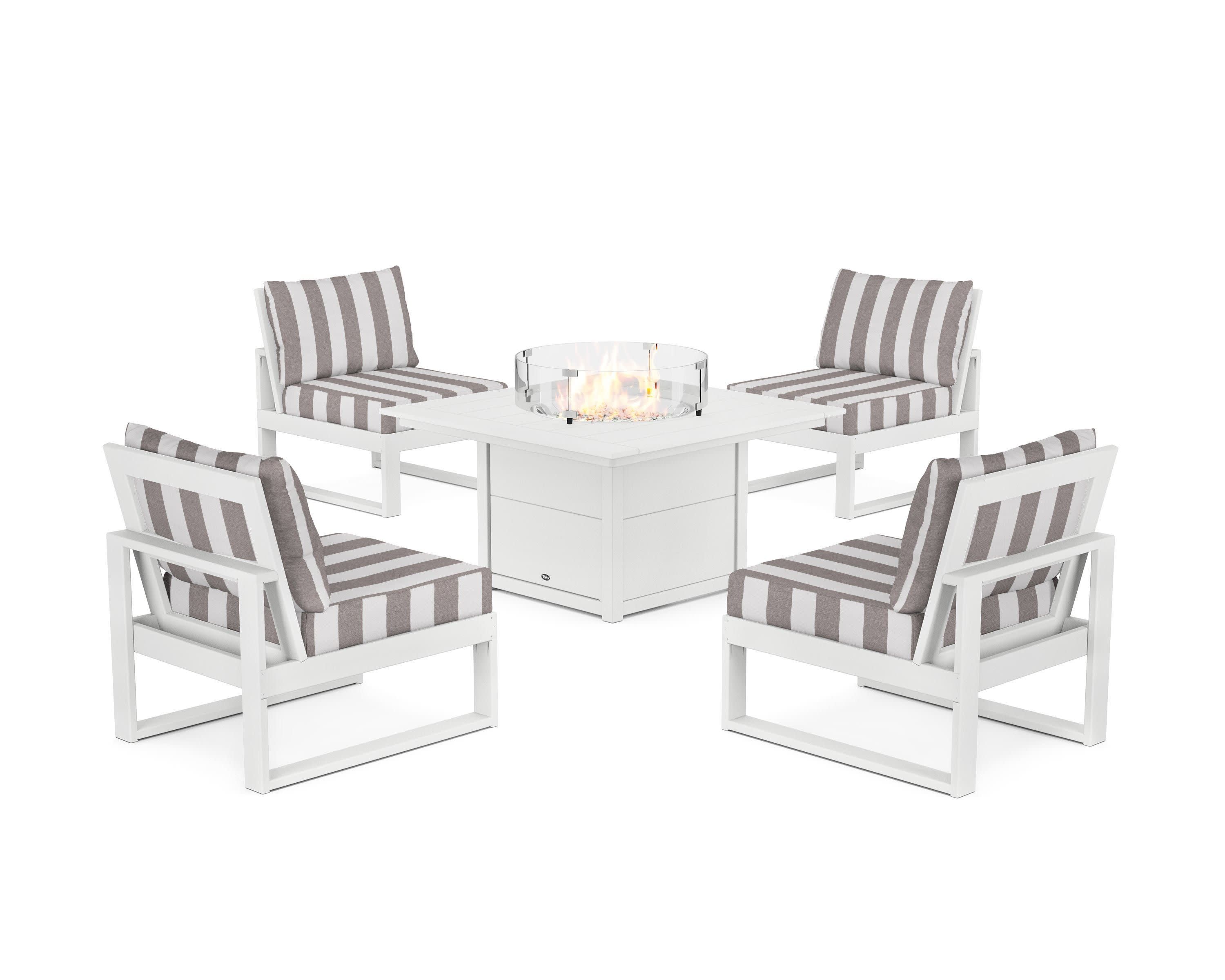 Eastport Modular 5-Piece Deep Seating Set with Square Fire Pit Table in Classic White / Cabana Stripe Grey Mist
