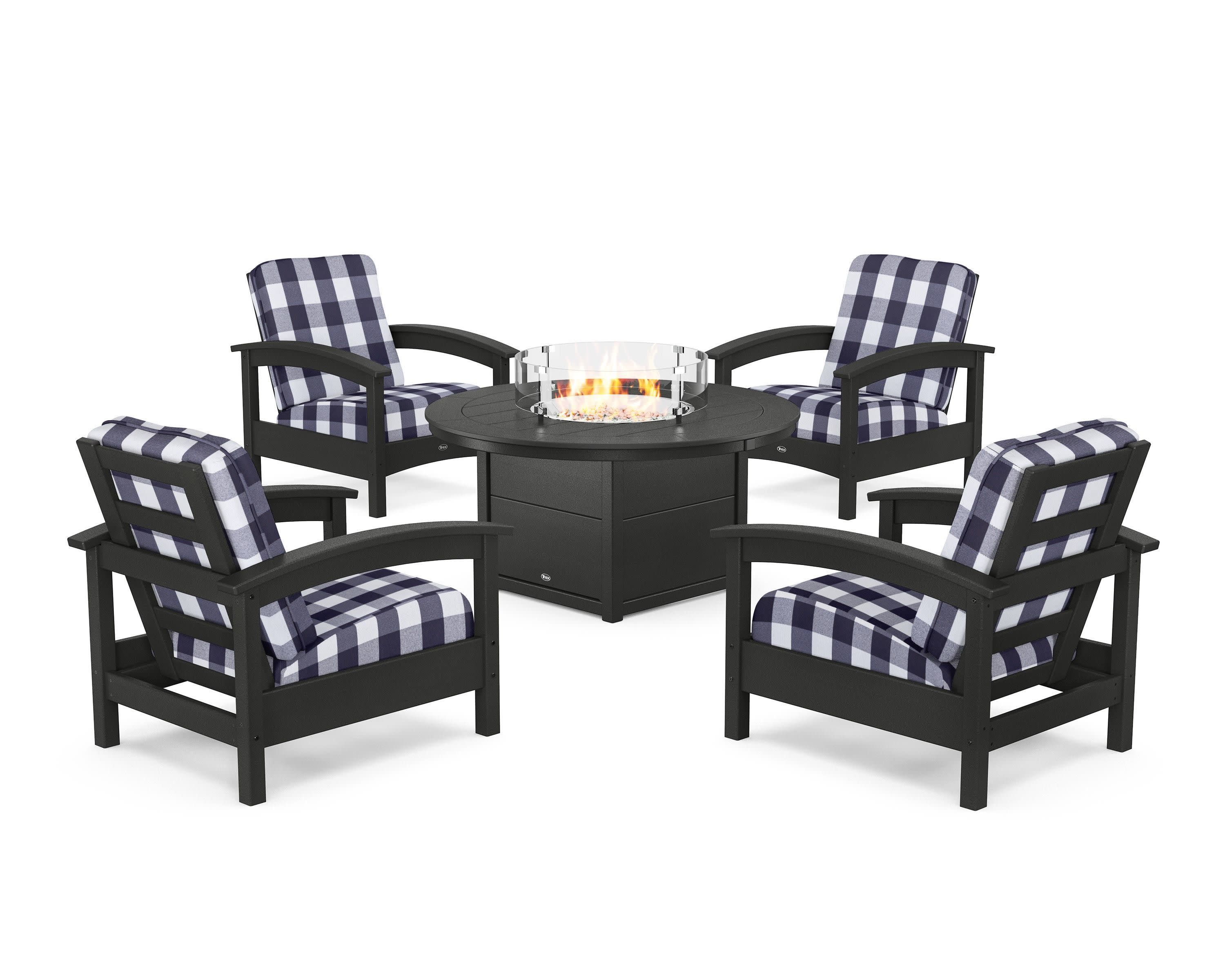 Rockport 5-Piece Deep Seating Set with Round Fire Pit Table in Charcoal Black / Buffalo Plaid Navy