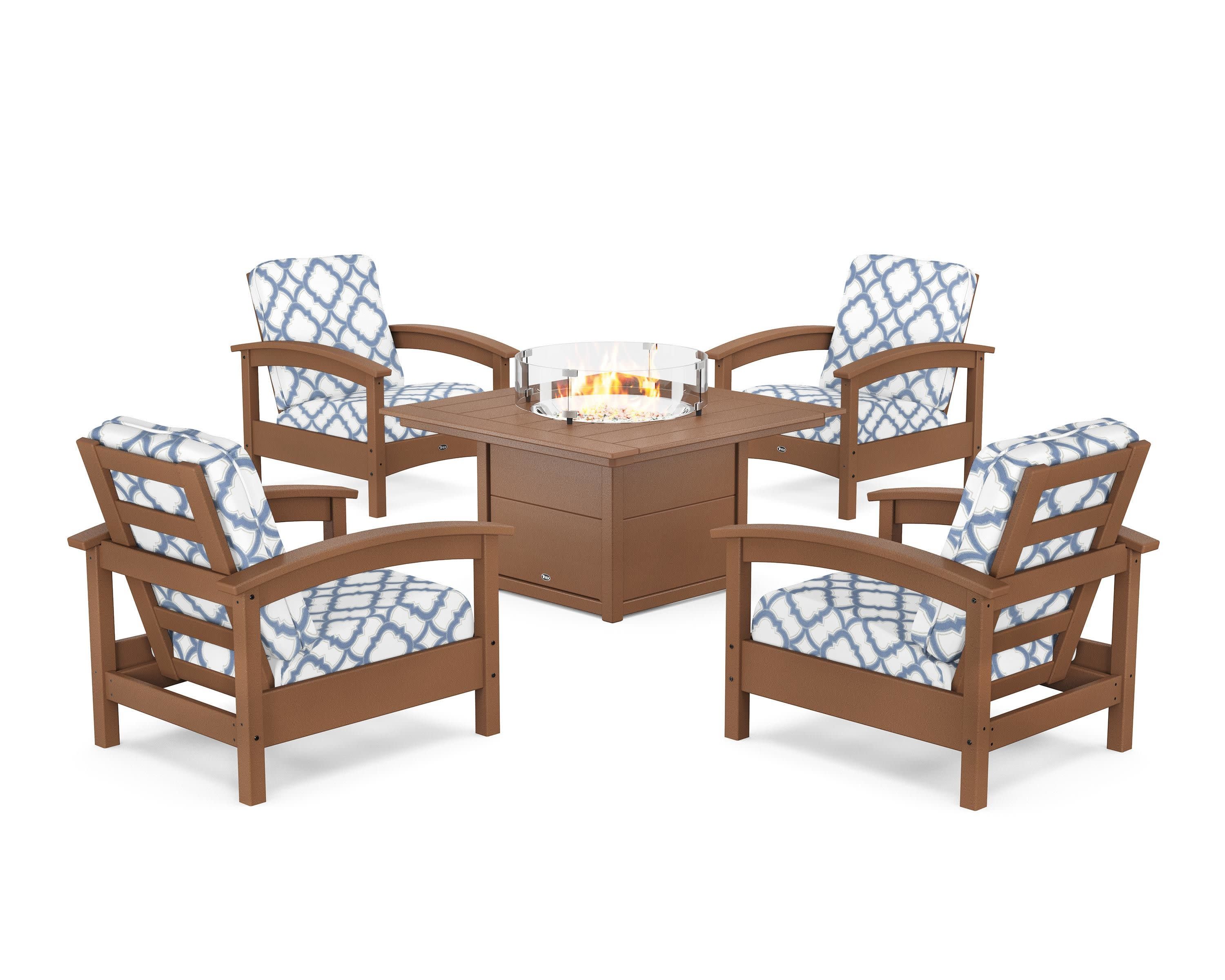 Rockport 5-Piece Deep Seating Set with Square Fire Pit Table in Tree House / Trellis Sky Blue