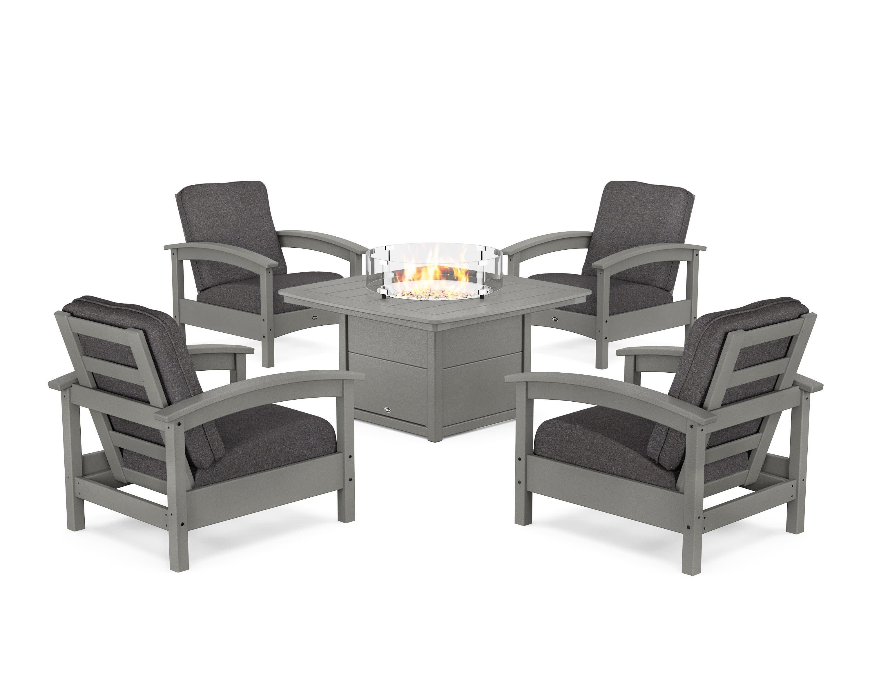 Rockport 5-Piece Deep Seating Set with Yacht Club Fire Pit Table in Stepping Stone / Ash Charcoal