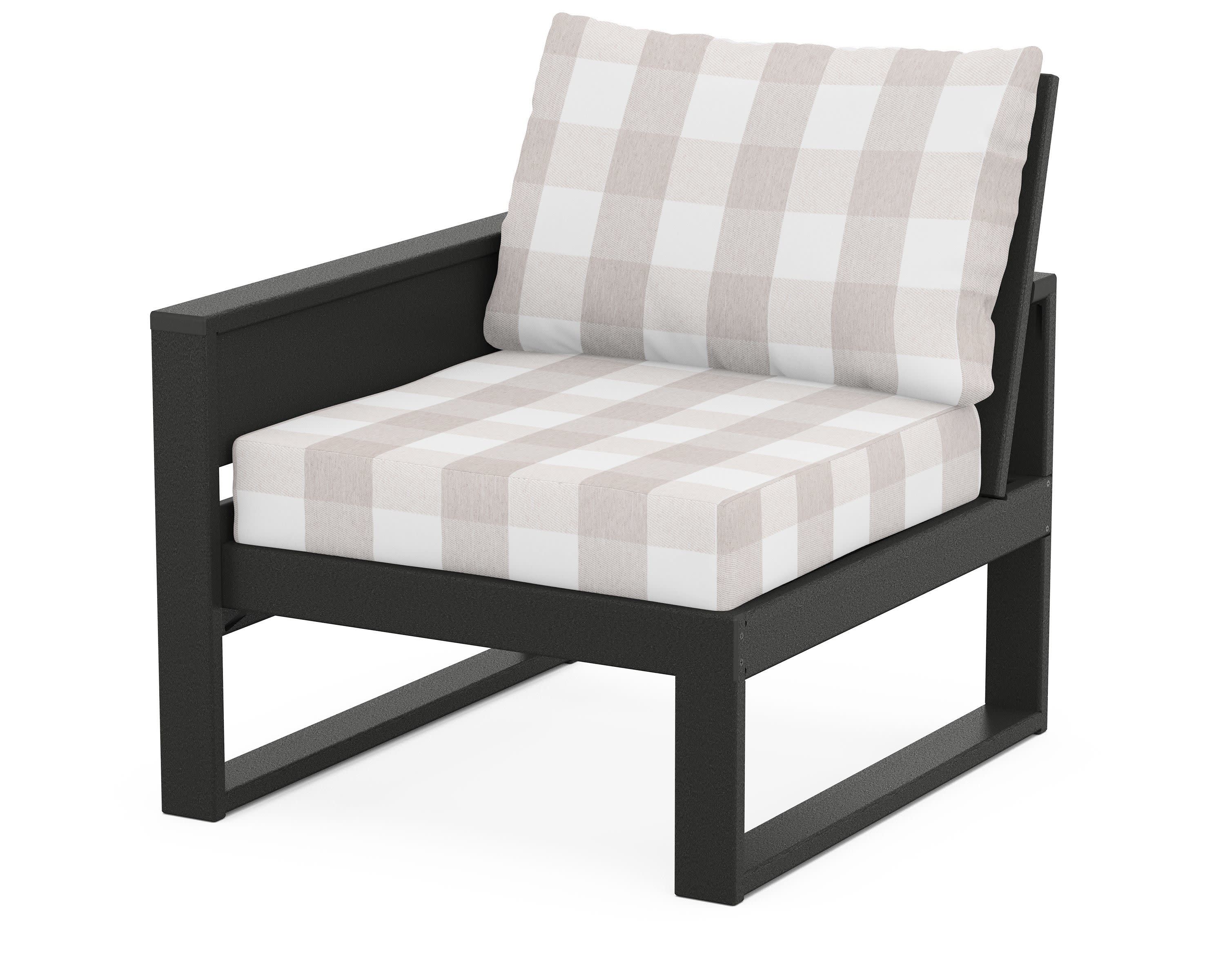 Eastport Modular Left Arm Chair in Charcoal Black / Buffalo Plaid Dune Burlap
