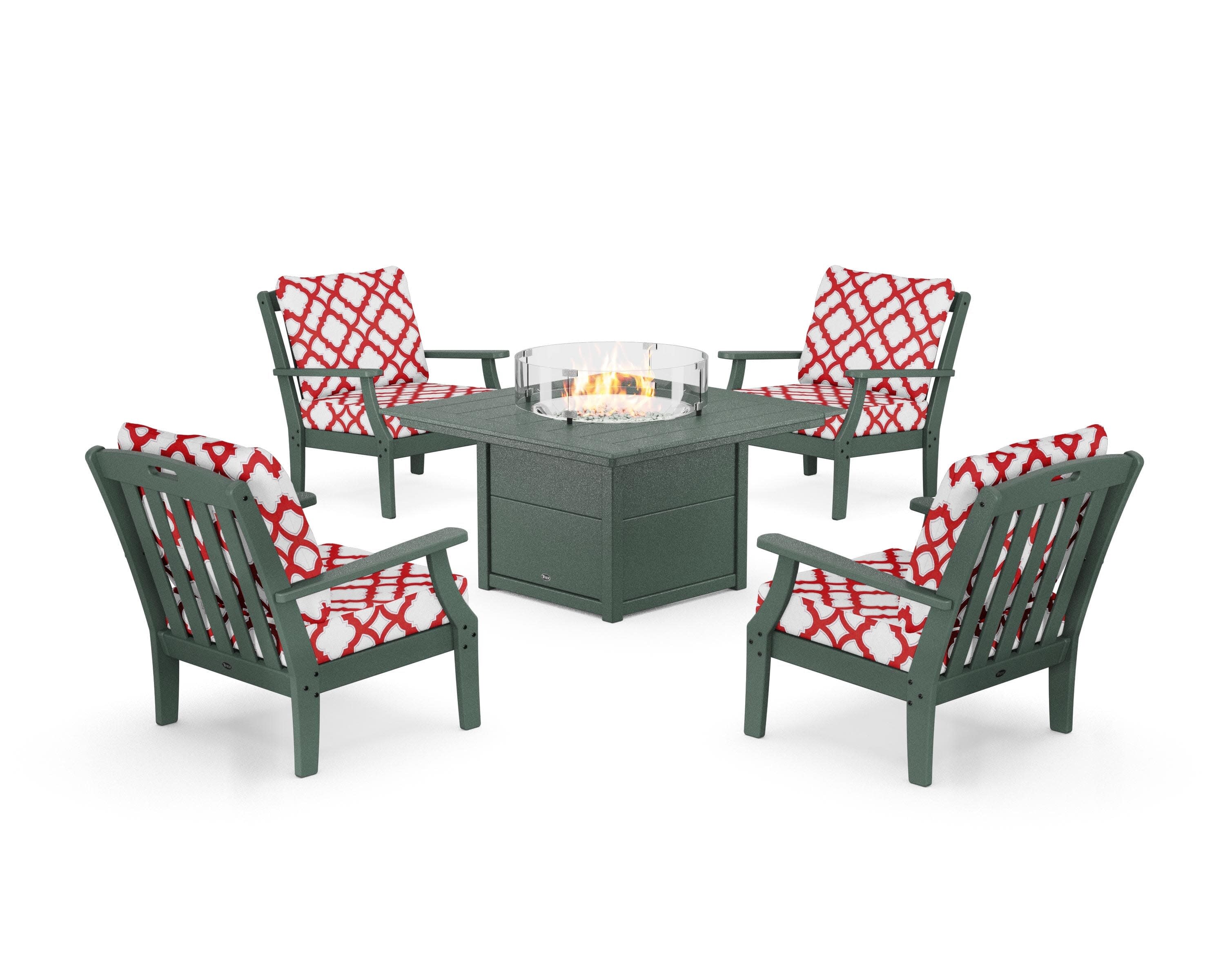 Yacht Club 5-Piece Deep Seating Set with Square Fire Pit Table in Rainforest Canopy / Trellis Crimson