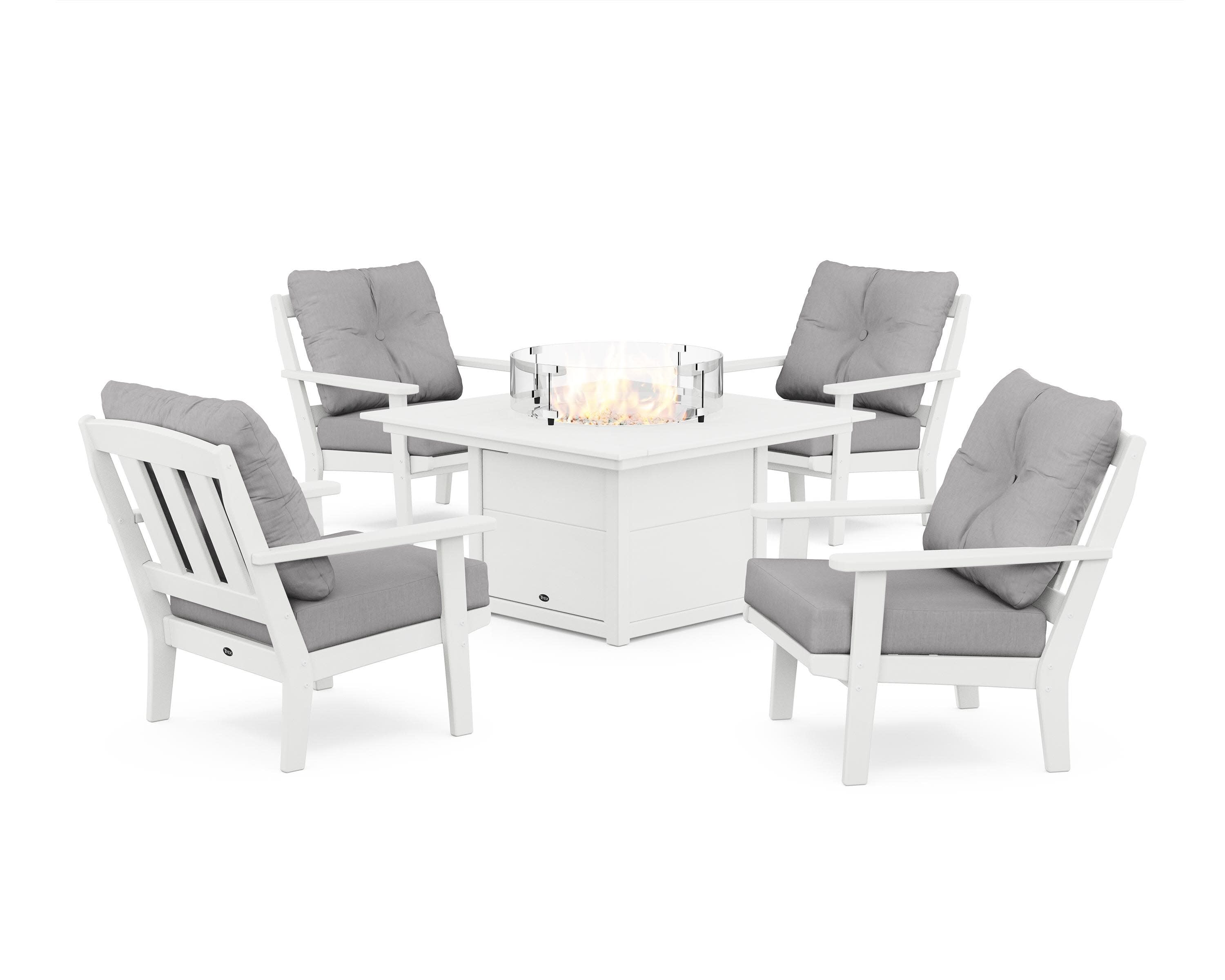 Cape Cod 5-Piece Deep Seating Set with Fire Pit Table in Classic White / Granite
