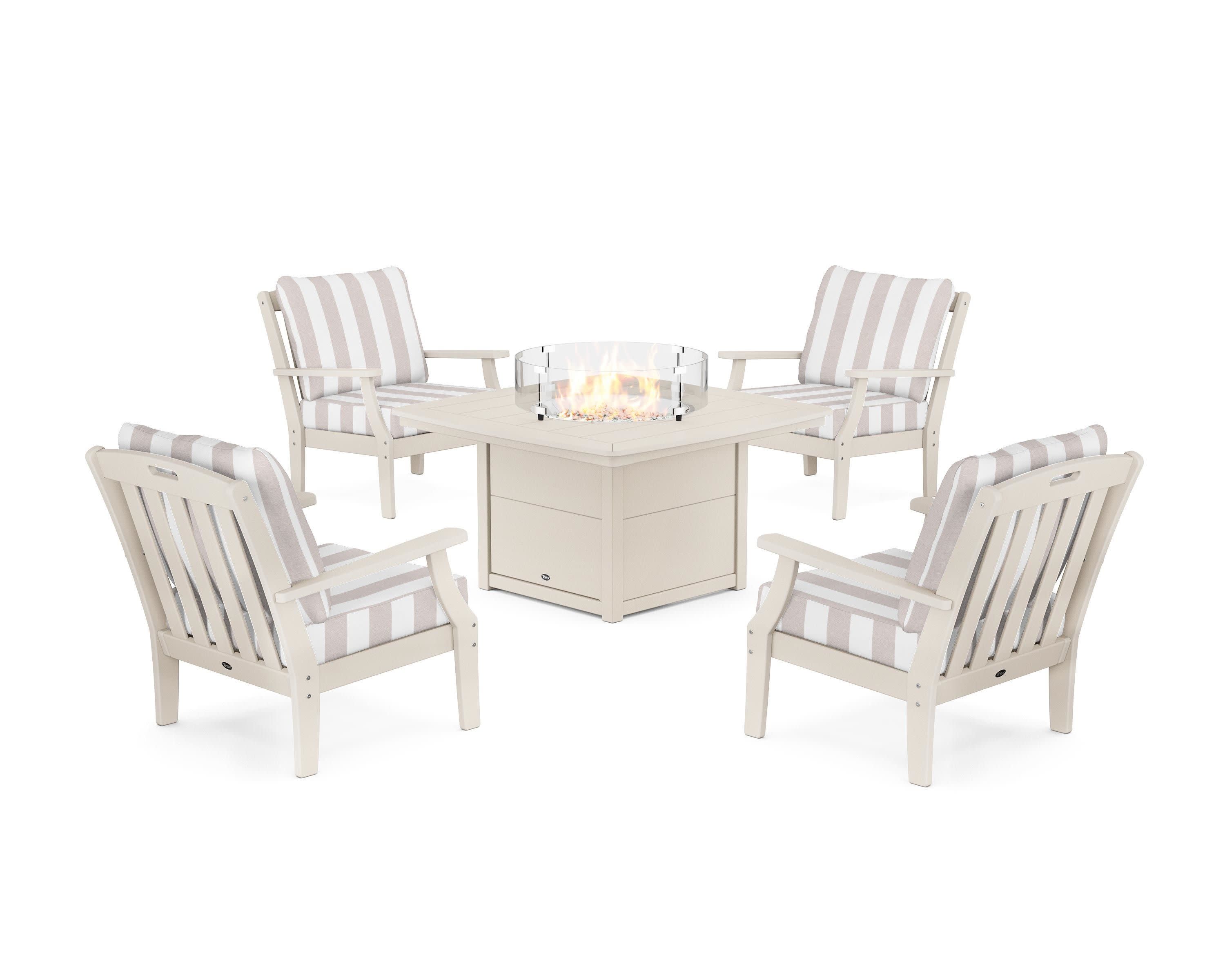 Yacht Club 5-Piece Deep Seating Set with Fire Pit Table in Sand Castle / Cabana Stripe Dune Burlap