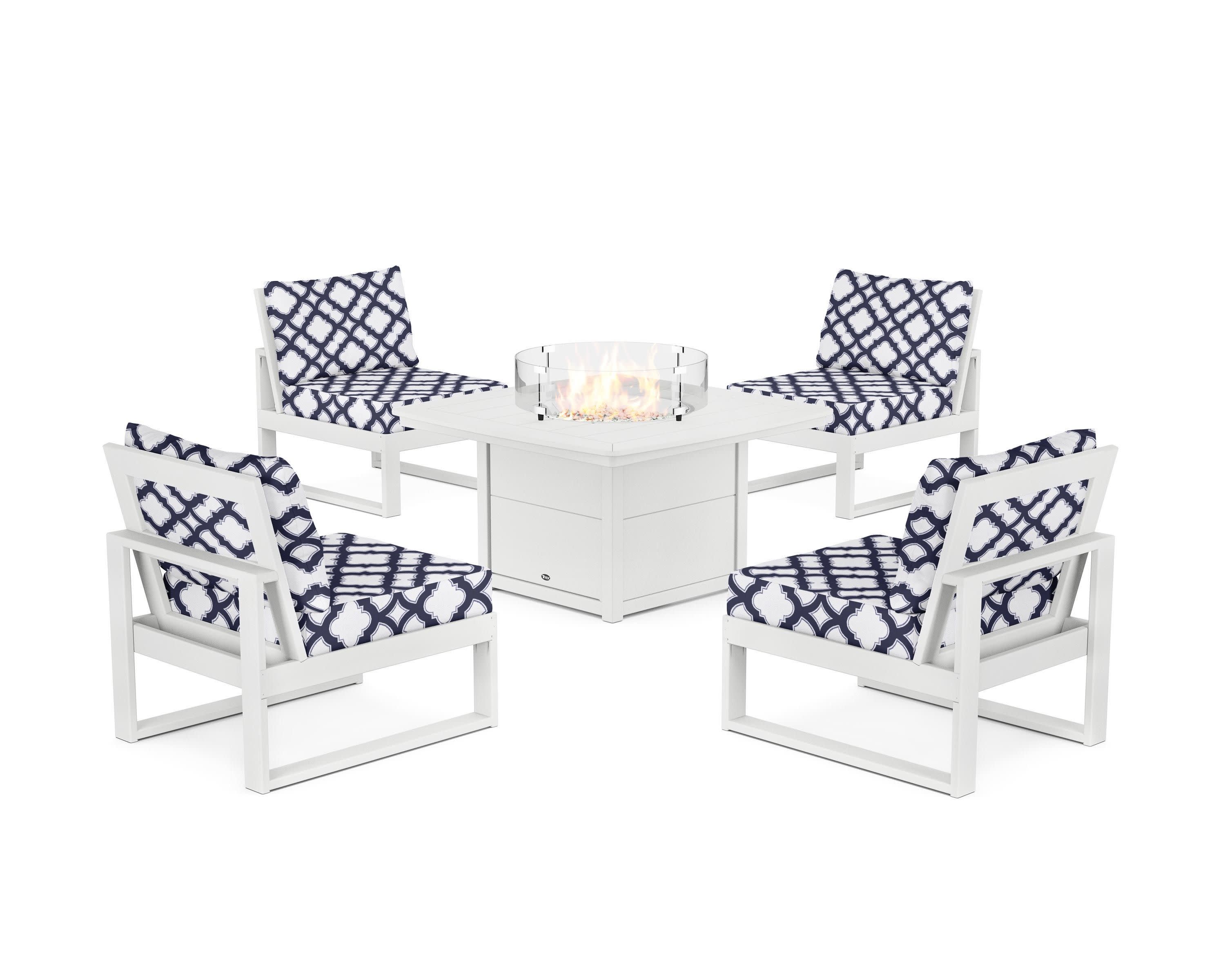 Eastport Modular 5-Piece Deep Seating Set with Yacht Club Fire Pit Table in Classic White / Trellis Navy
