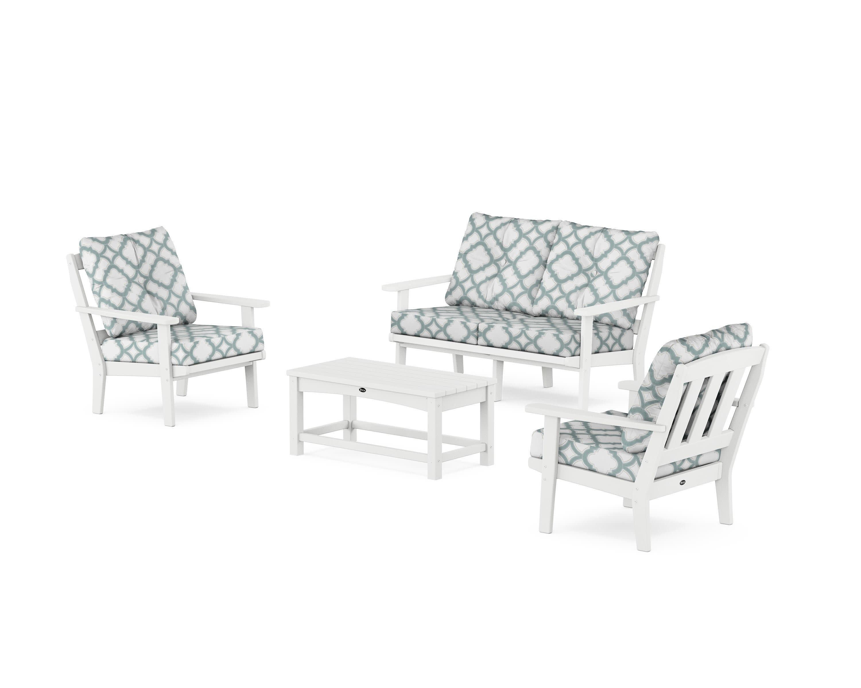 Cape Cod 4-Piece Deep Seating Set with Loveseat in Classic White / Trellis Glacier Spa