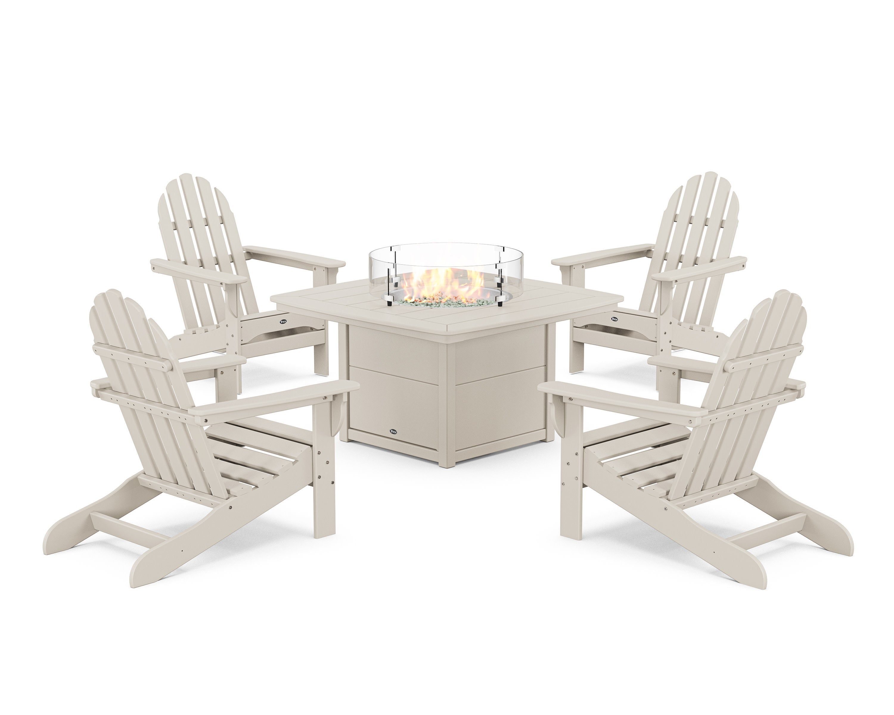 Cape Cod Adirondack 5-Piece Set with Yacht Club Fire Pit Table in Sand Castle