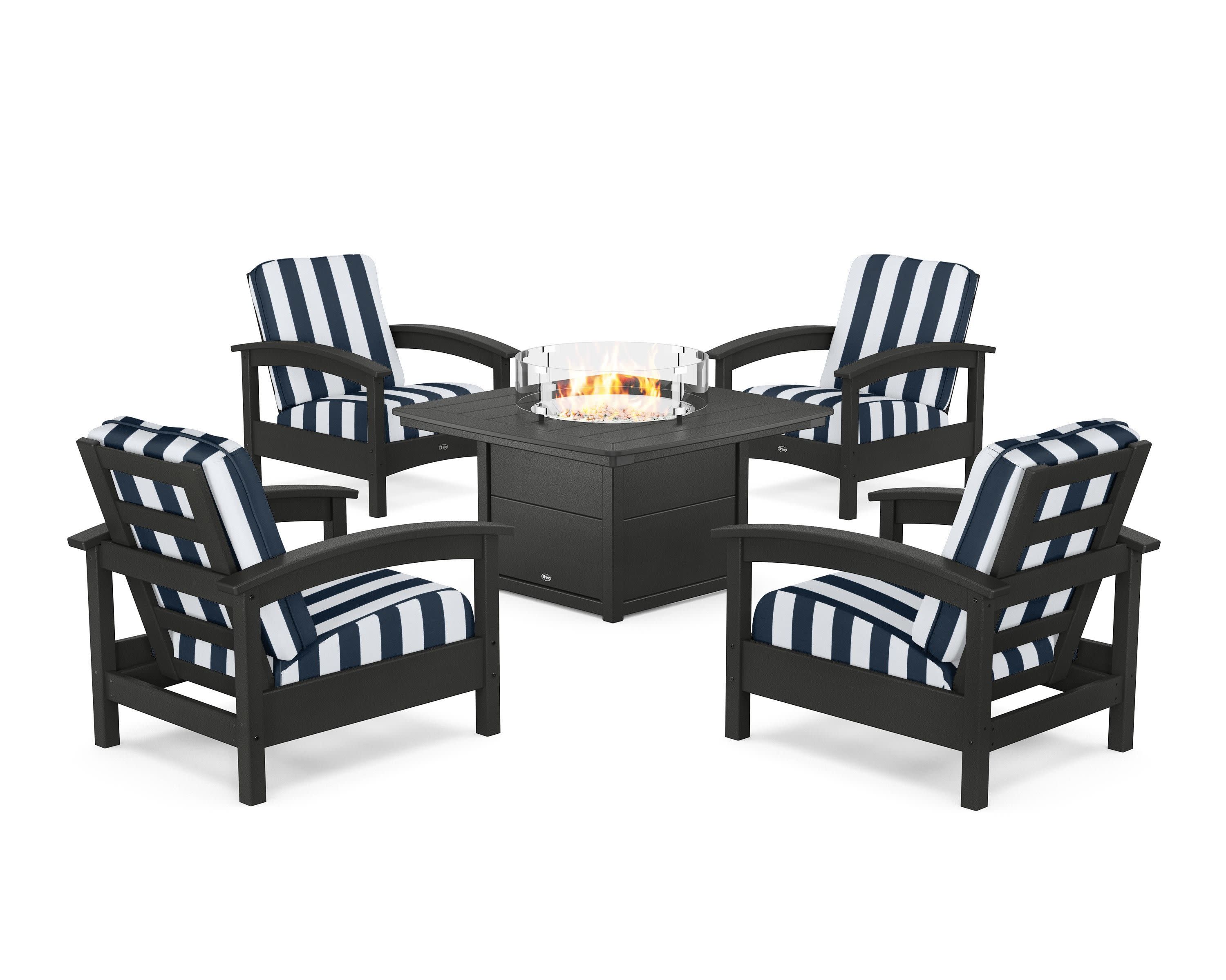 Rockport 5-Piece Deep Seating Set with Yacht Club Fire Pit Table in Charcoal Black / Cabana Stripe Marine Indigo