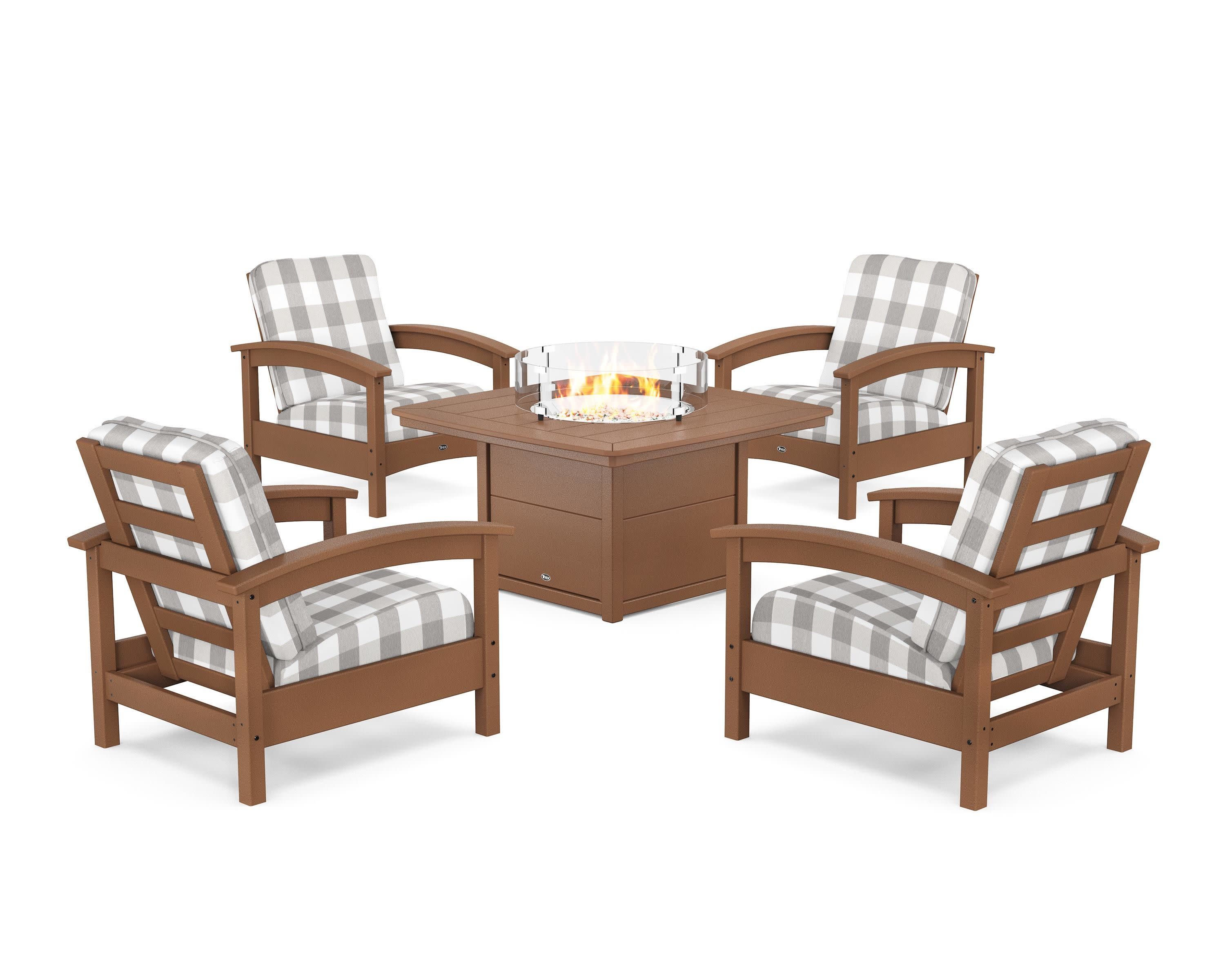 Rockport 5-Piece Deep Seating Set with Yacht Club Fire Pit Table in Tree House / Buffalo Plaid Grey Mist
