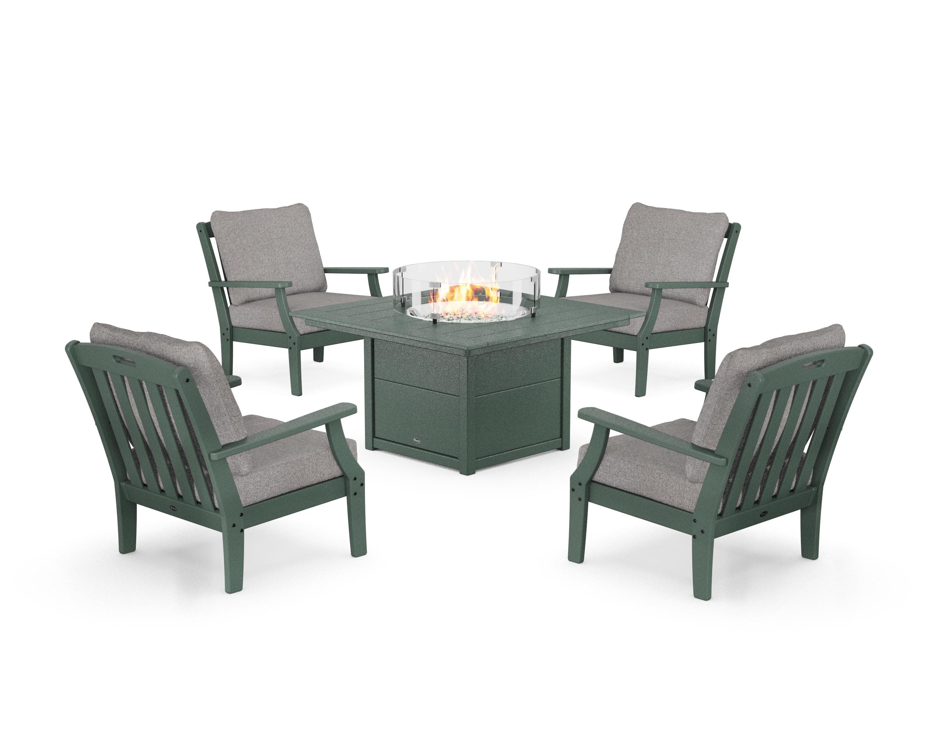 Yacht Club 5-Piece Deep Seating Set with Square Fire Pit Table in Rainforest Canopy / Grey Mist