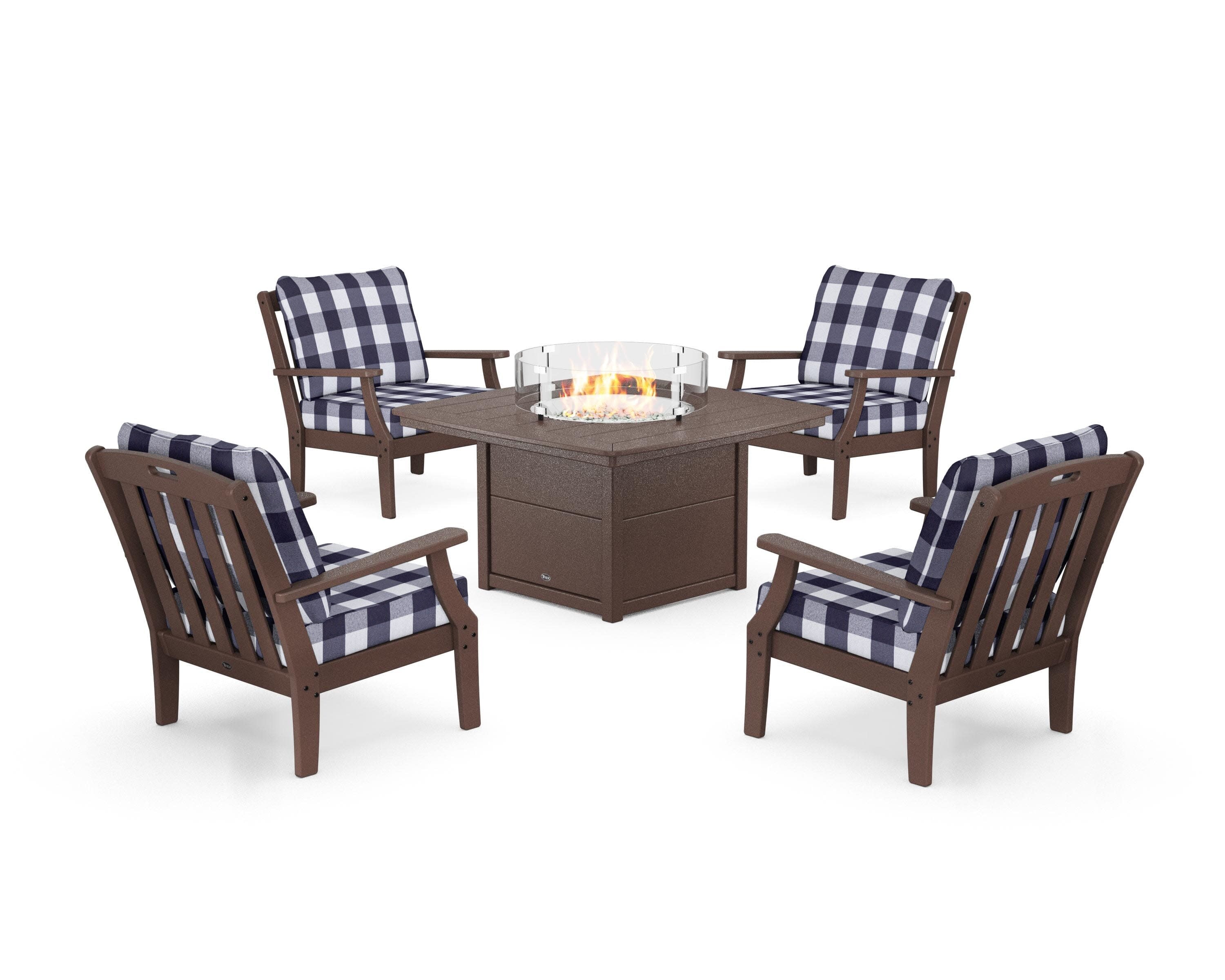 Yacht Club 5-Piece Deep Seating Set with Fire Pit Table in Vintage Lantern / Buffalo Plaid Navy