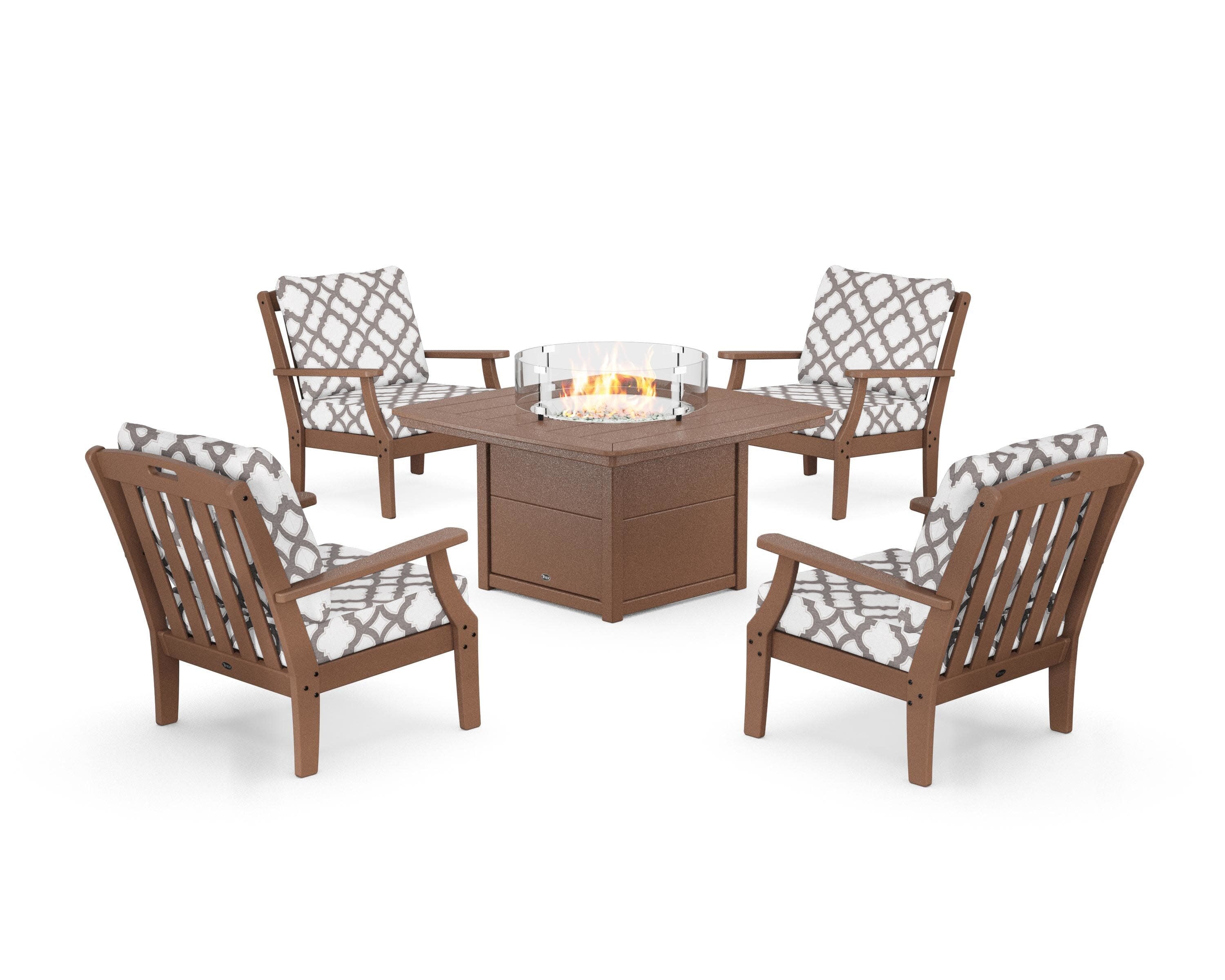 Yacht Club 5-Piece Deep Seating Set with Fire Pit Table in Tree House / Trellis Grey Mist