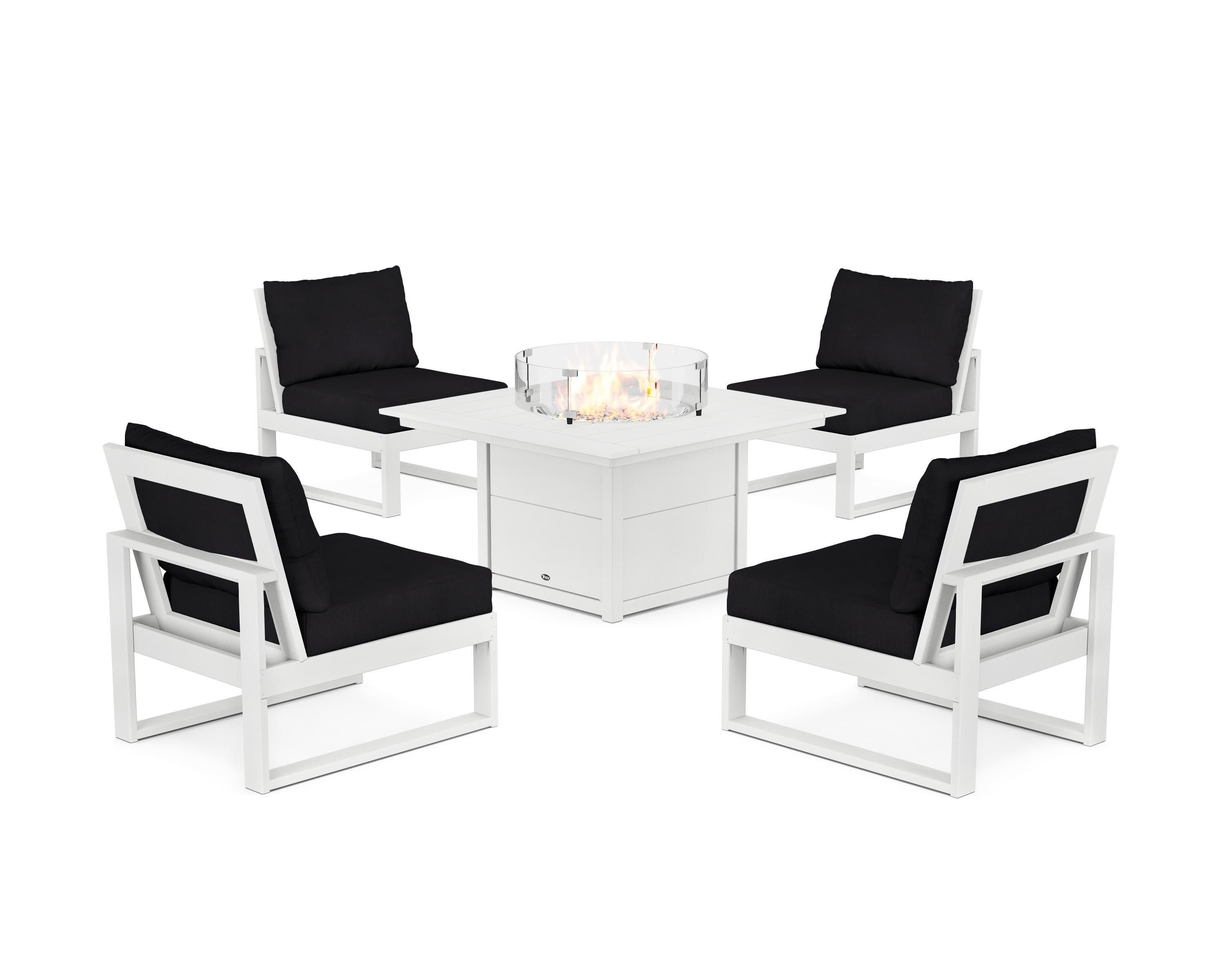 Eastport Modular 5-Piece Deep Seating Set with Square Fire Pit Table in Classic White / Midnight Linen