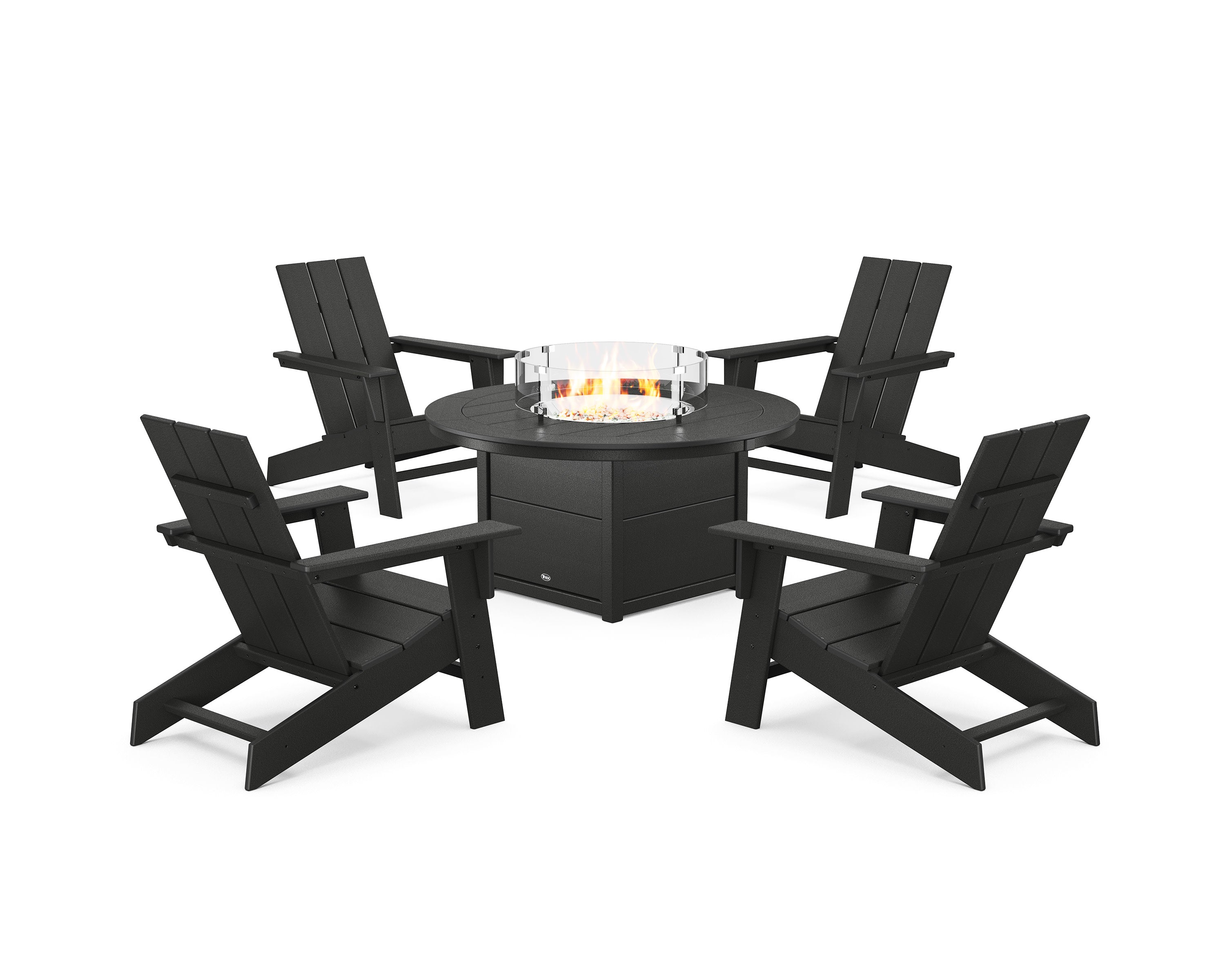 Eastport Modern Adirondack 5-Piece Set with Round Fire Pit Table in Charcoal Black