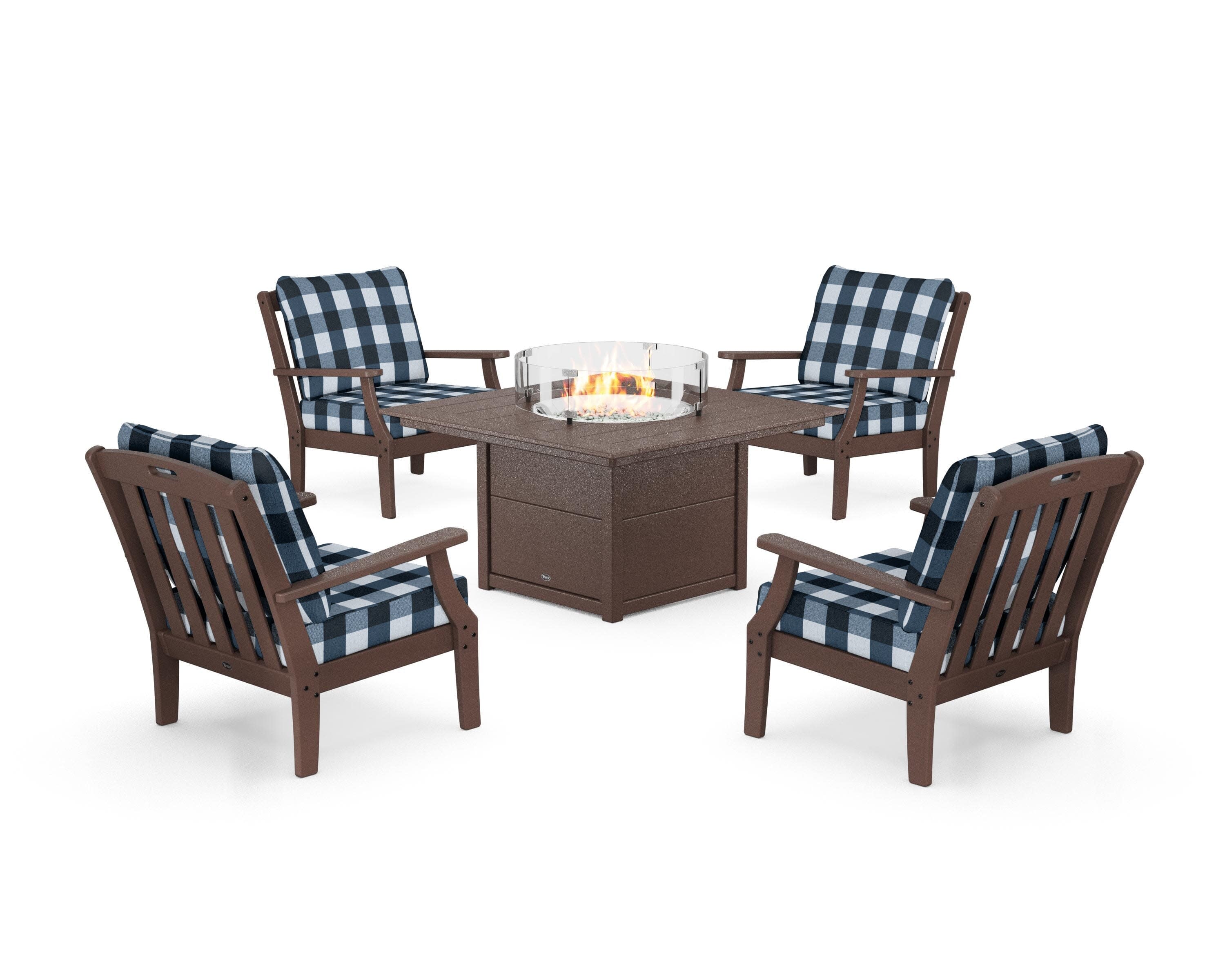Yacht Club 5-Piece Deep Seating Set with Square Fire Pit Table in Vintage Lantern / Buffalo Plaid Marine Indigo
