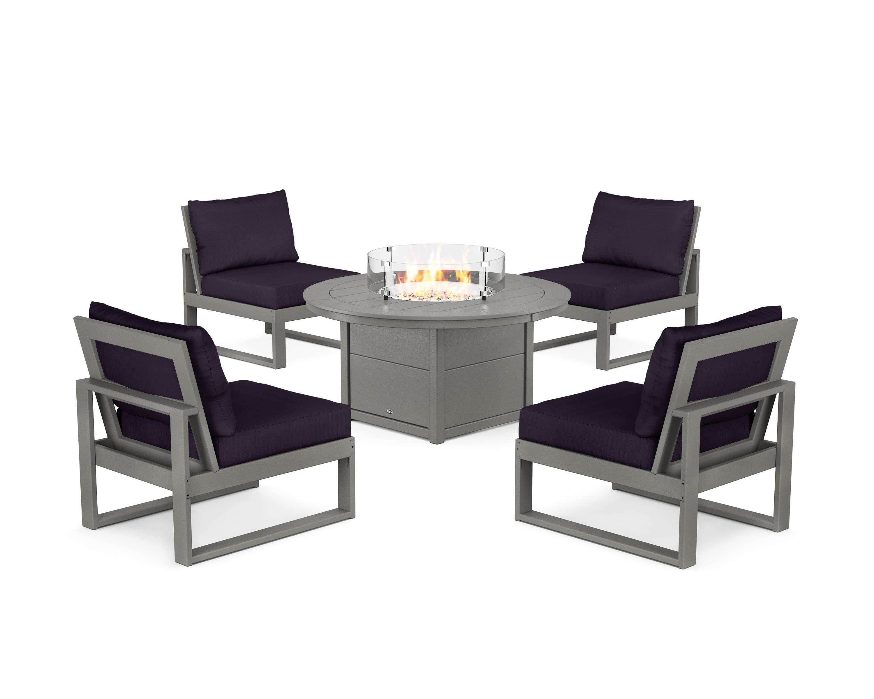 Eastport Modular 5-Piece Deep Seating Set with Round Fire Pit Table in Stepping Stone / Navy Linen