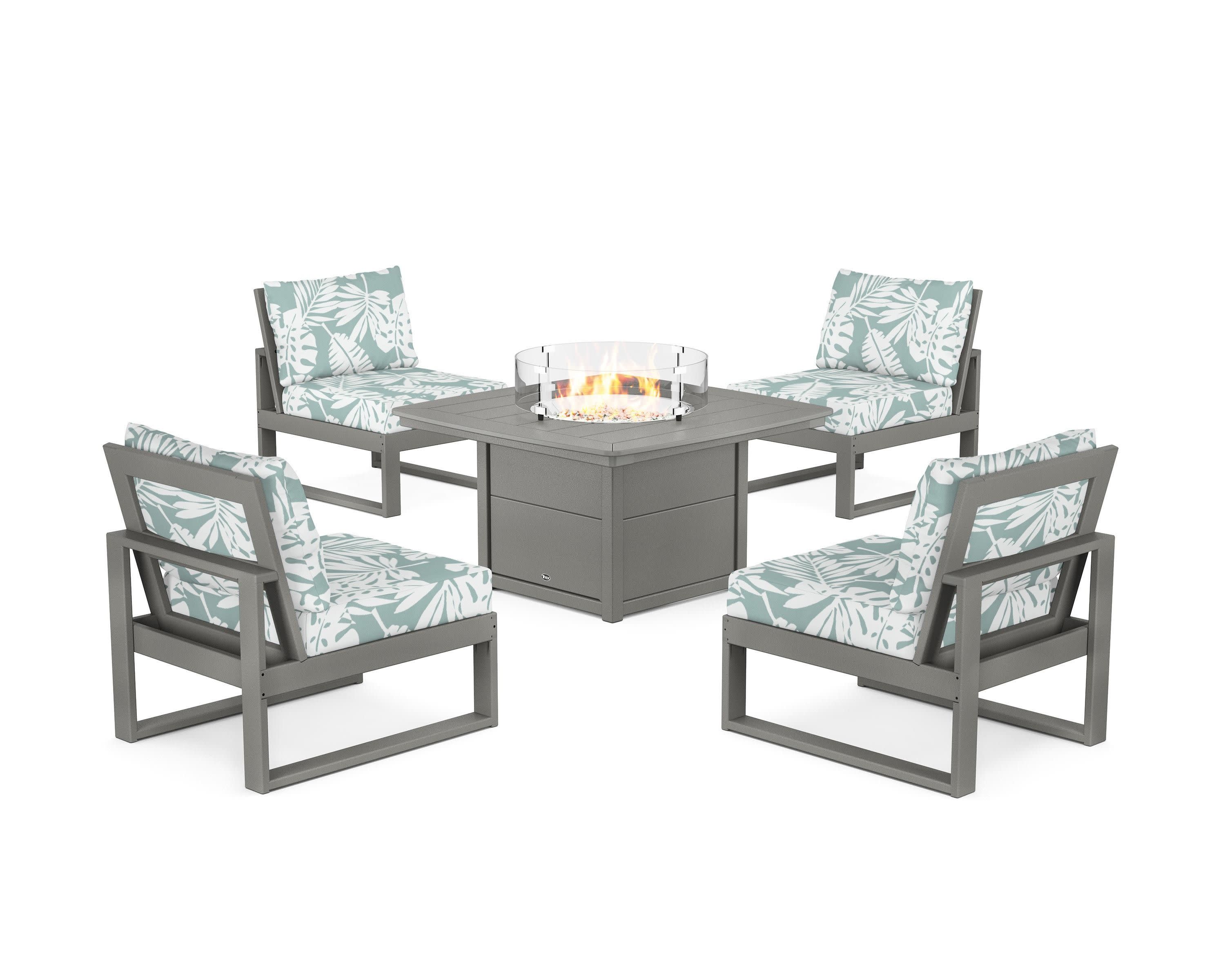 Eastport Modular 5-Piece Deep Seating Set with Yacht Club Fire Pit Table in Stepping Stone / Leaf Glacier Spa