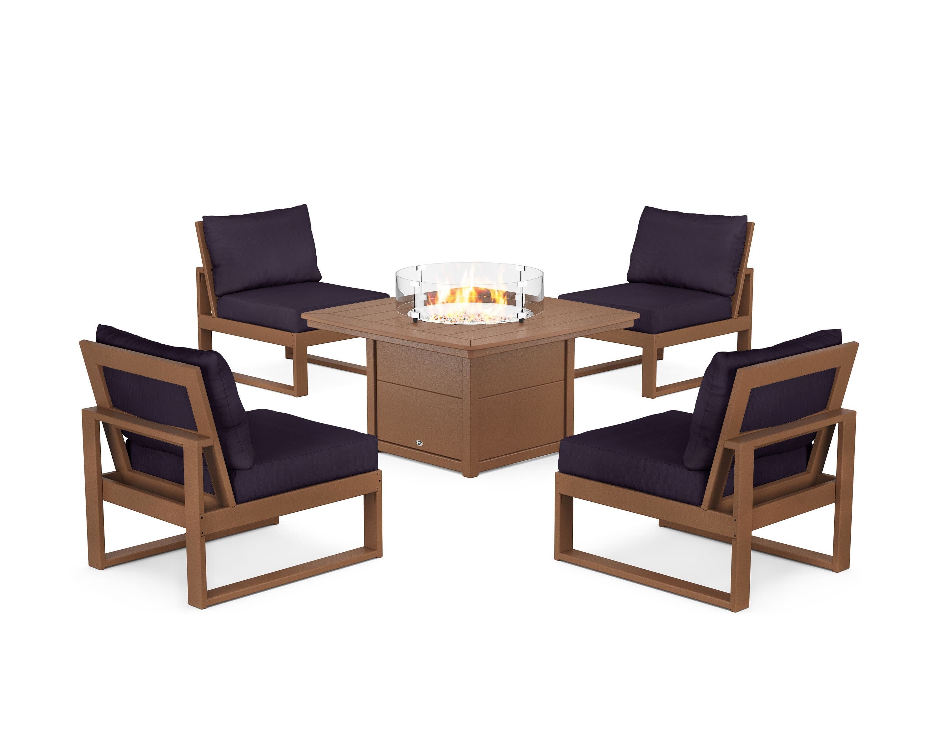 Eastport Modular 5-Piece Deep Seating Set with Yacht Club Fire Pit Table in Tree House / Navy Linen