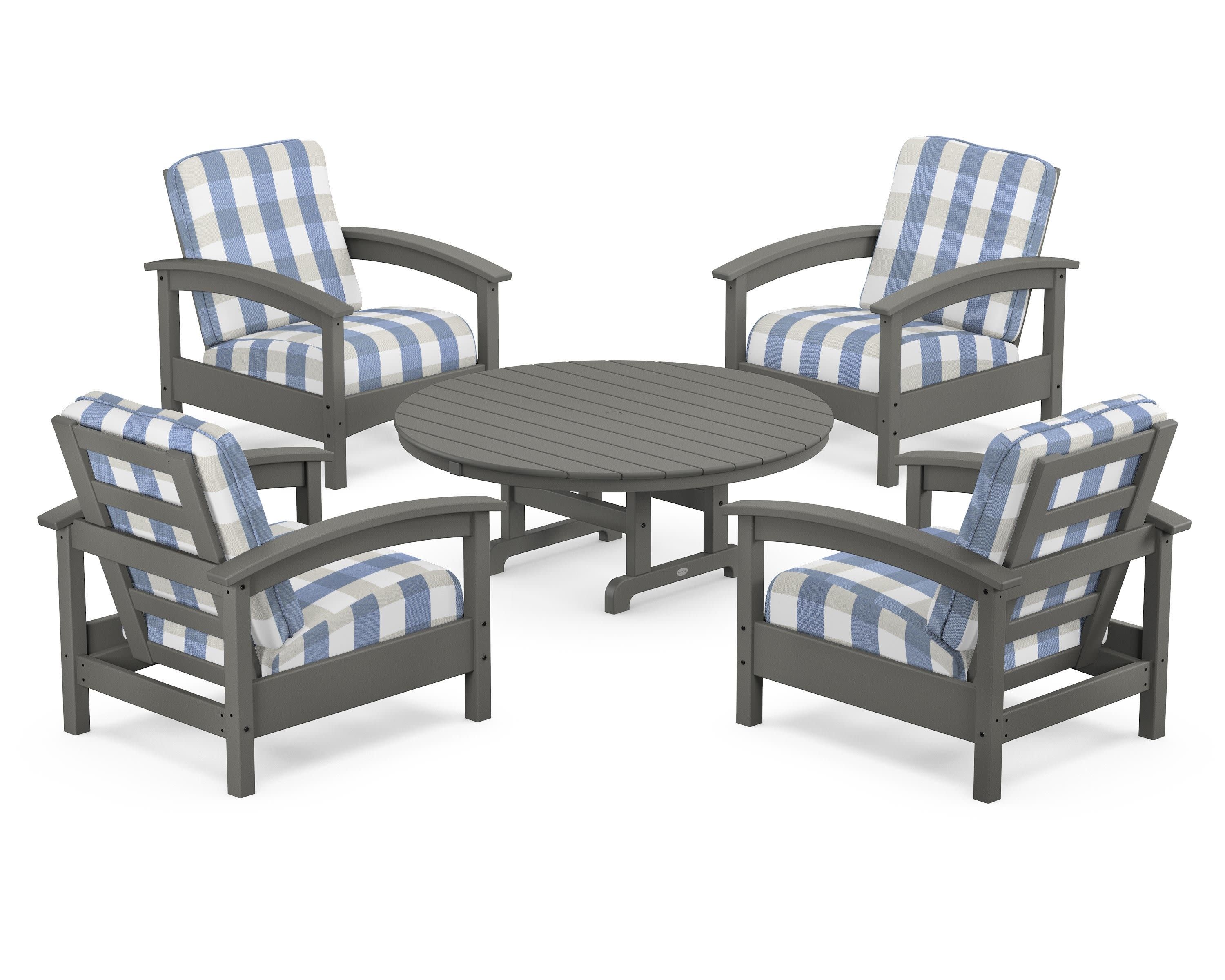 Rockport 5-Piece Deep Seating Set in Stepping Stone / Buffalo Plaid Sky Blue