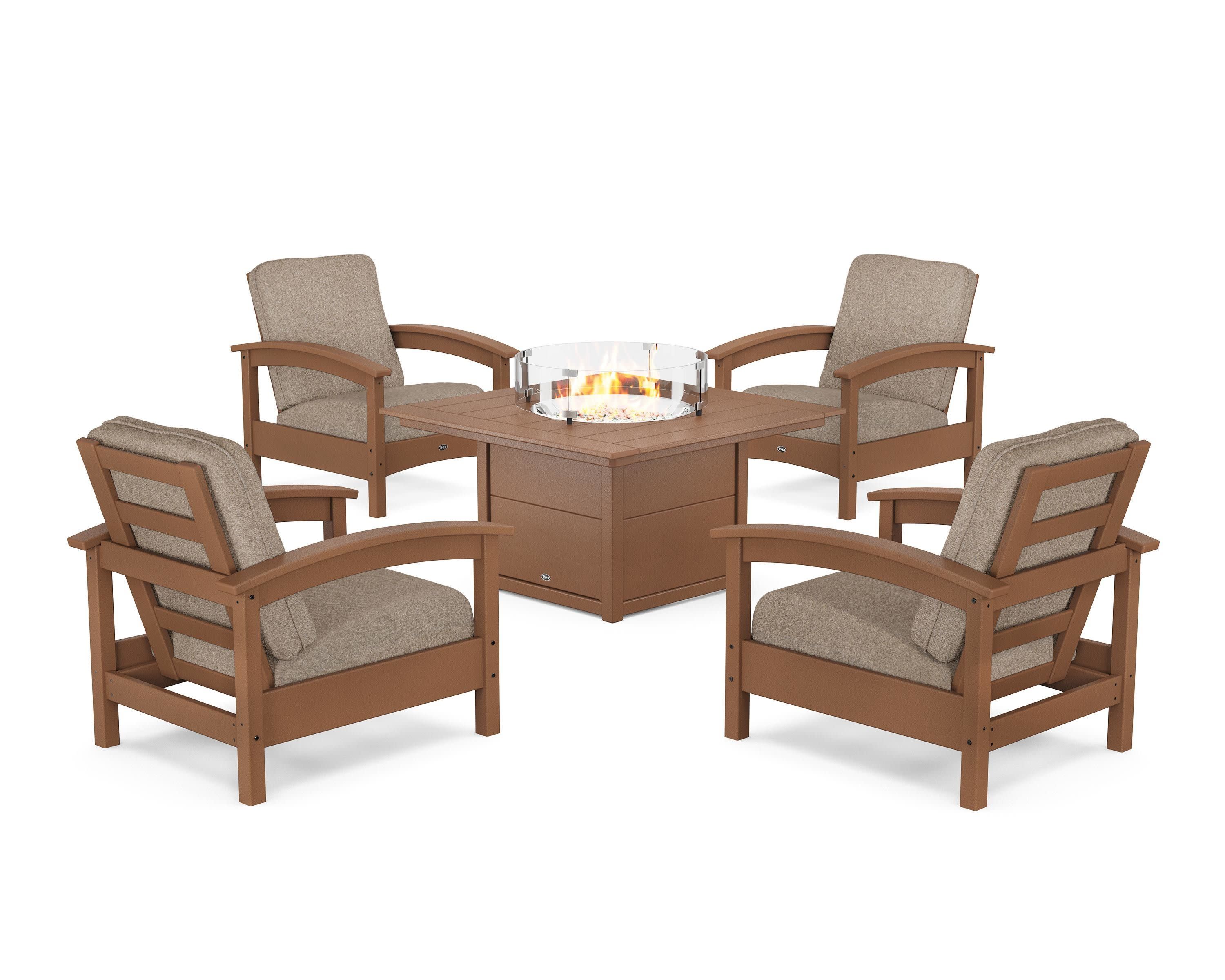 Rockport 5-Piece Deep Seating Set with Square Fire Pit Table in Tree House / Spiced Burlap