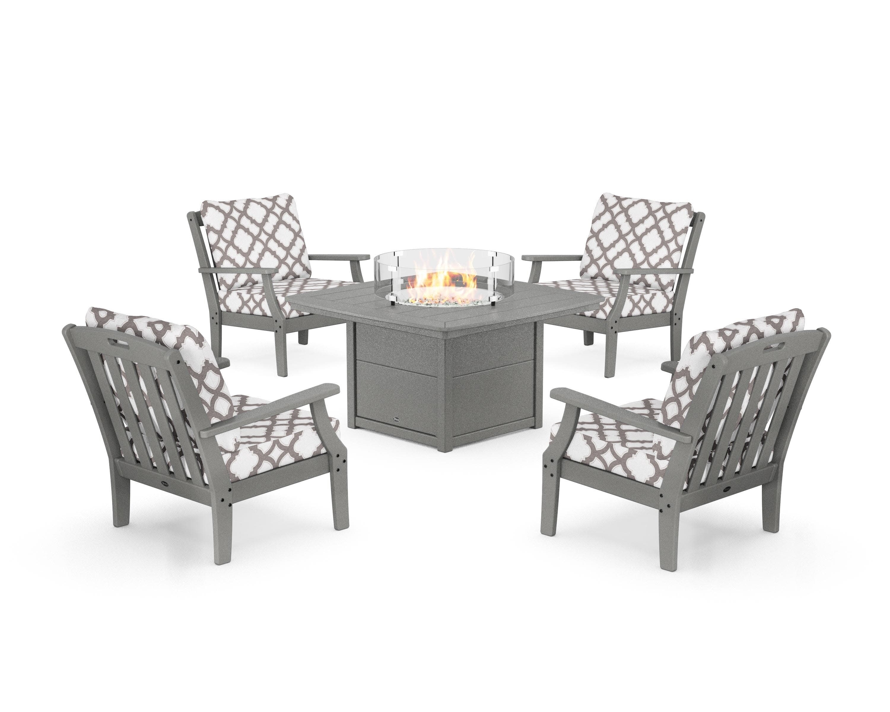 Yacht Club 5-Piece Deep Seating Set with Fire Pit Table in Stepping Stone / Trellis Grey Mist