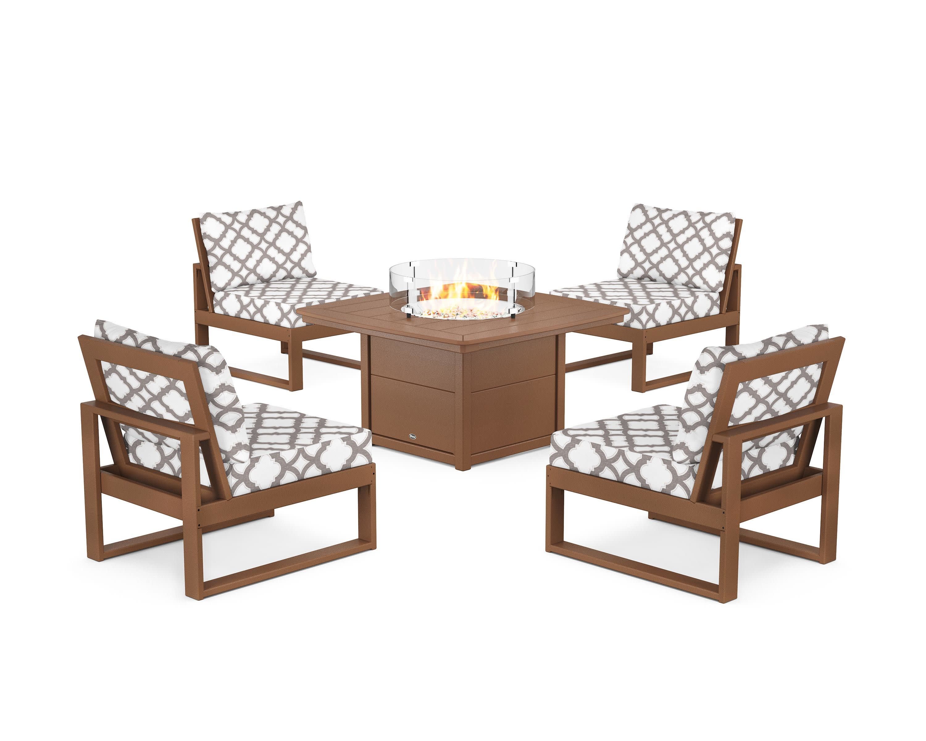 Eastport Modular 5-Piece Deep Seating Set with Yacht Club Fire Pit Table in Tree House / Trellis Grey Mist