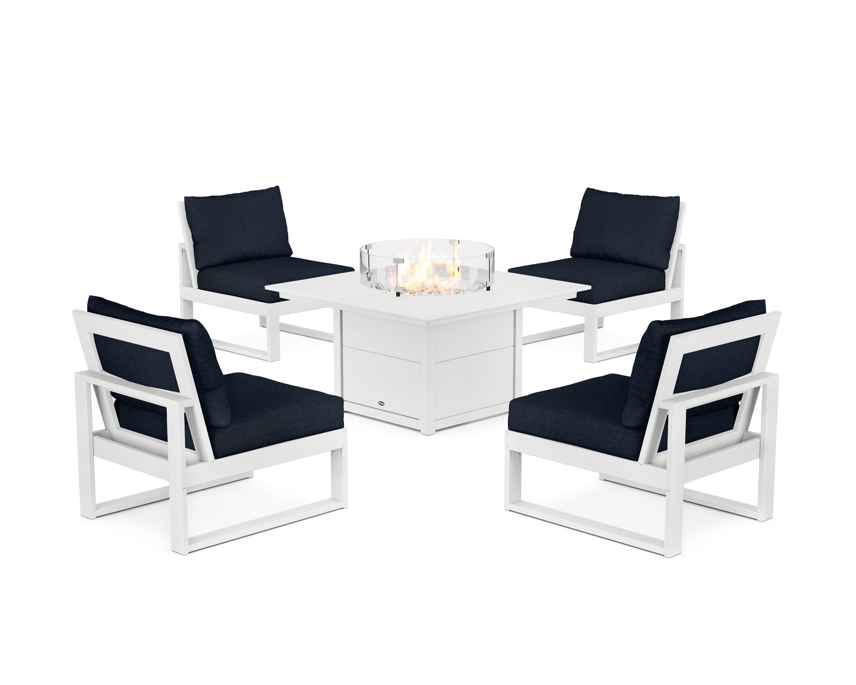 Eastport Modular 5-Piece Deep Seating Set with Square Fire Pit Table in Classic White / Marine Indigo