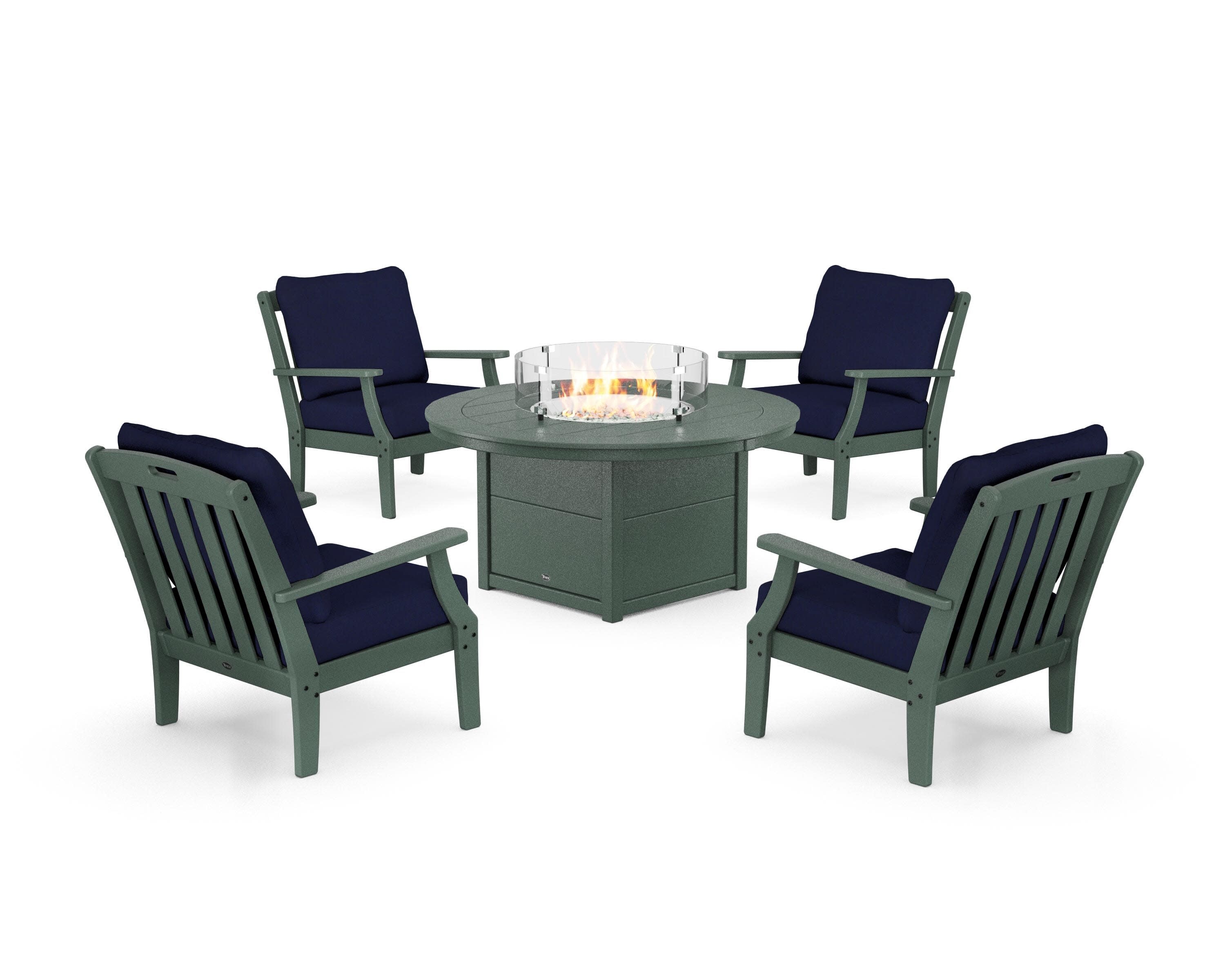Yacht Club 5-Piece Deep Seating Set with Round Fire Pit Table in Rainforest Canopy / Navy